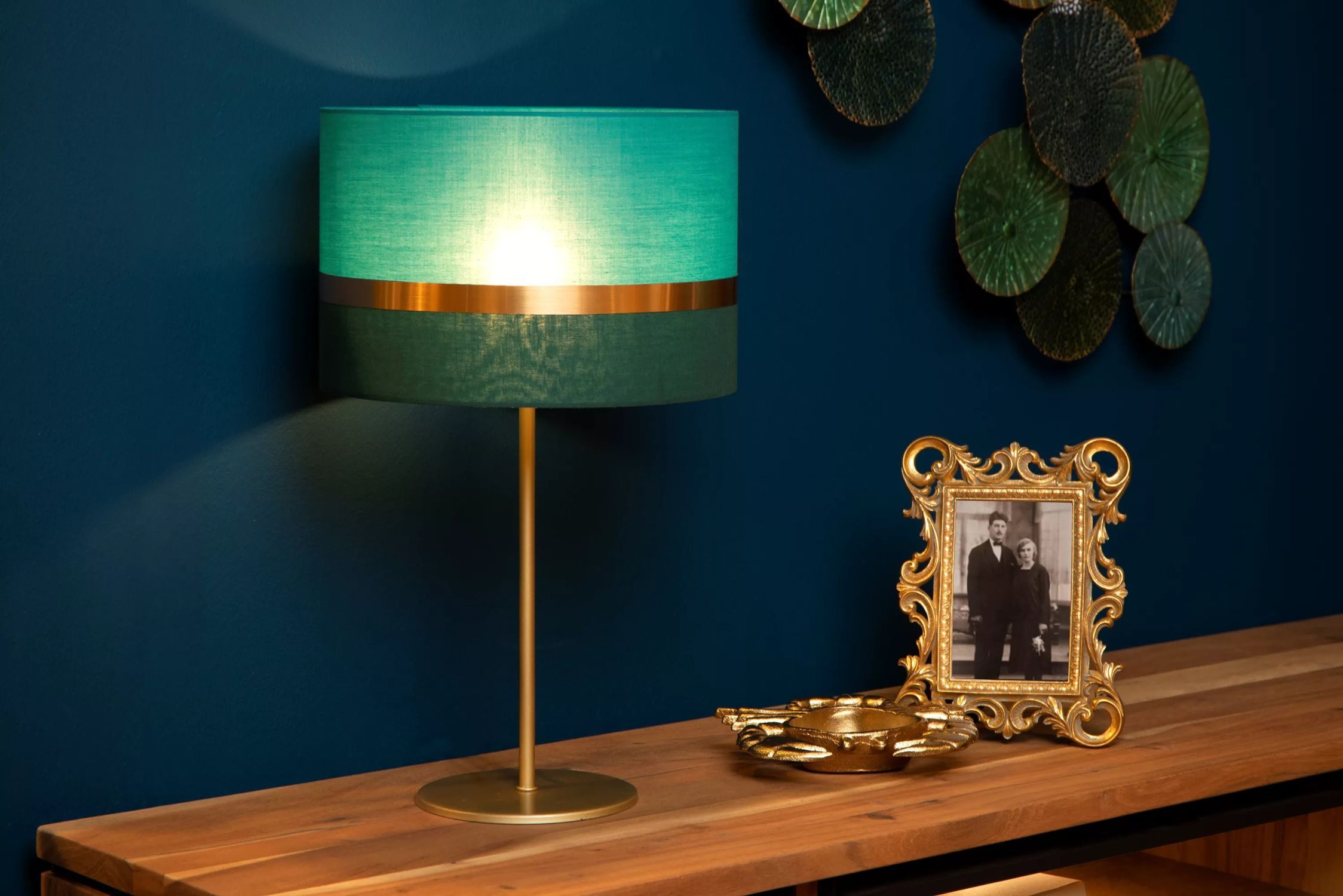 Licht-Erlebnisse Nachttischlampe ILAM, ohne Leuchtmittel, Metall Stoff E14 rund D: 30 cm 50 cm hoch in Gold Grün Vintage