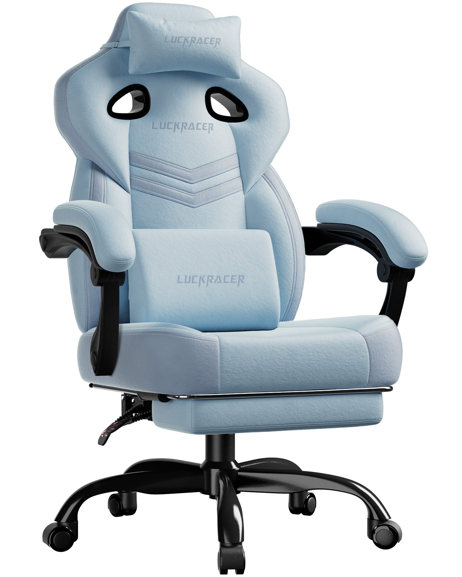 LUCKRACER Gaming-Stuhl Stoff/Kunstleder, Bürostuhl mit verbundenen Armlehnen, Memory-Schaum, 90–155° Neigungswinkel und Fußstütze