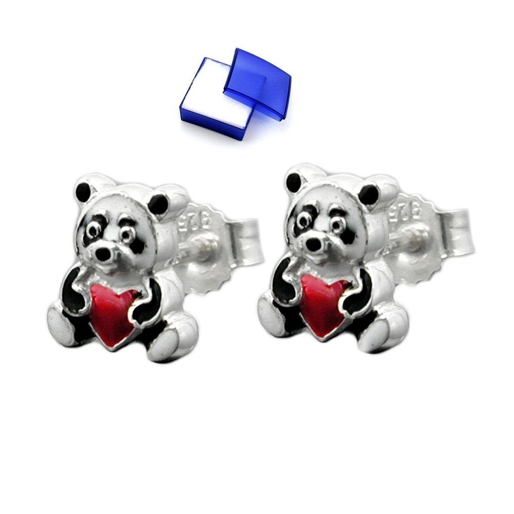unbespielt Paar Ohrstecker Kinderohrringe Stecker 7 x 6 mm Panda Bär farbig lackiert 925 Silber inklusive Schmuckbox, Silberschmuck für Kinder