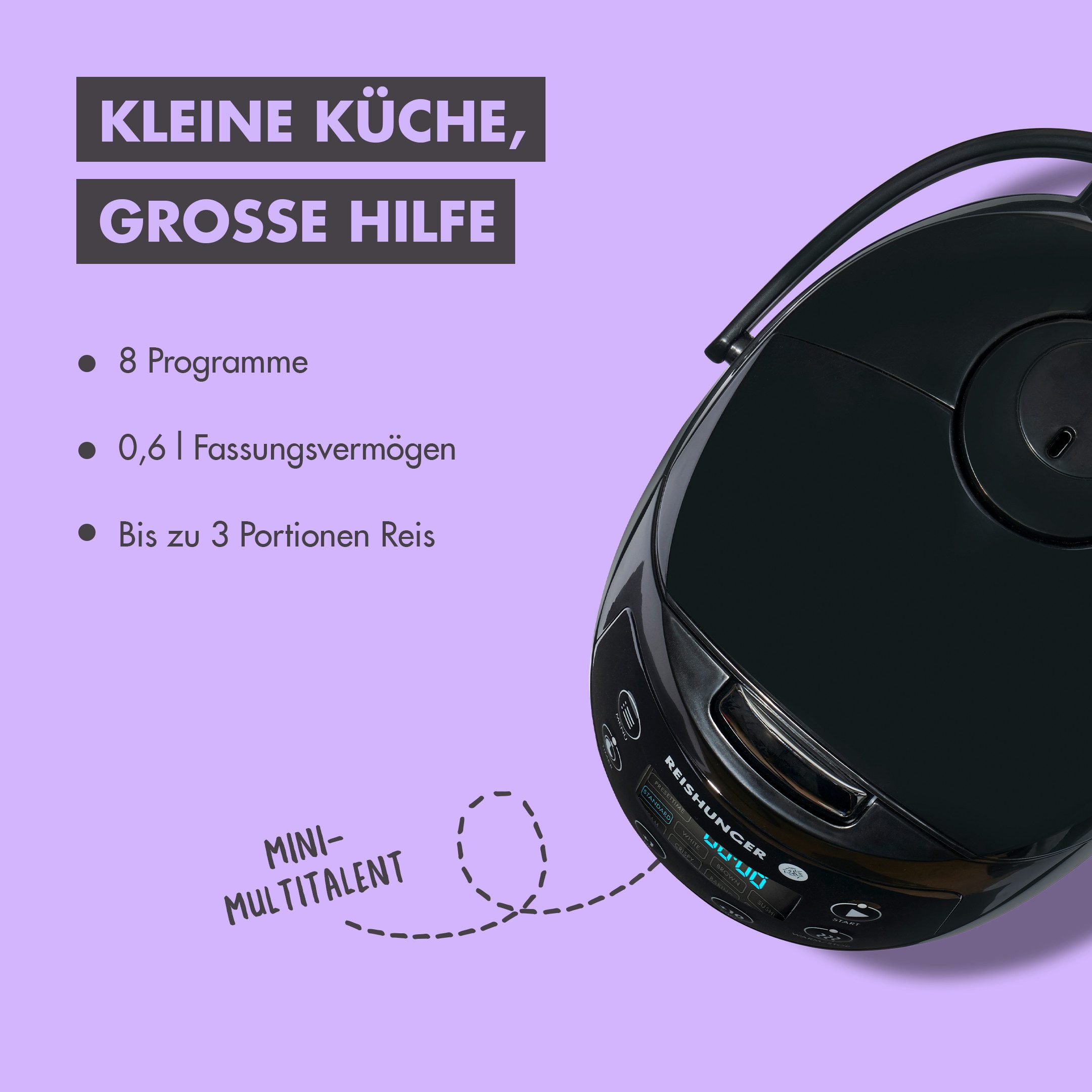 Reishunger Reiskocher - Digitaler Mini Reiskocher, 350 W, Dämpfeinsatz, Messbecher, Reislöffel, Timer- und Warmhaltefunktion