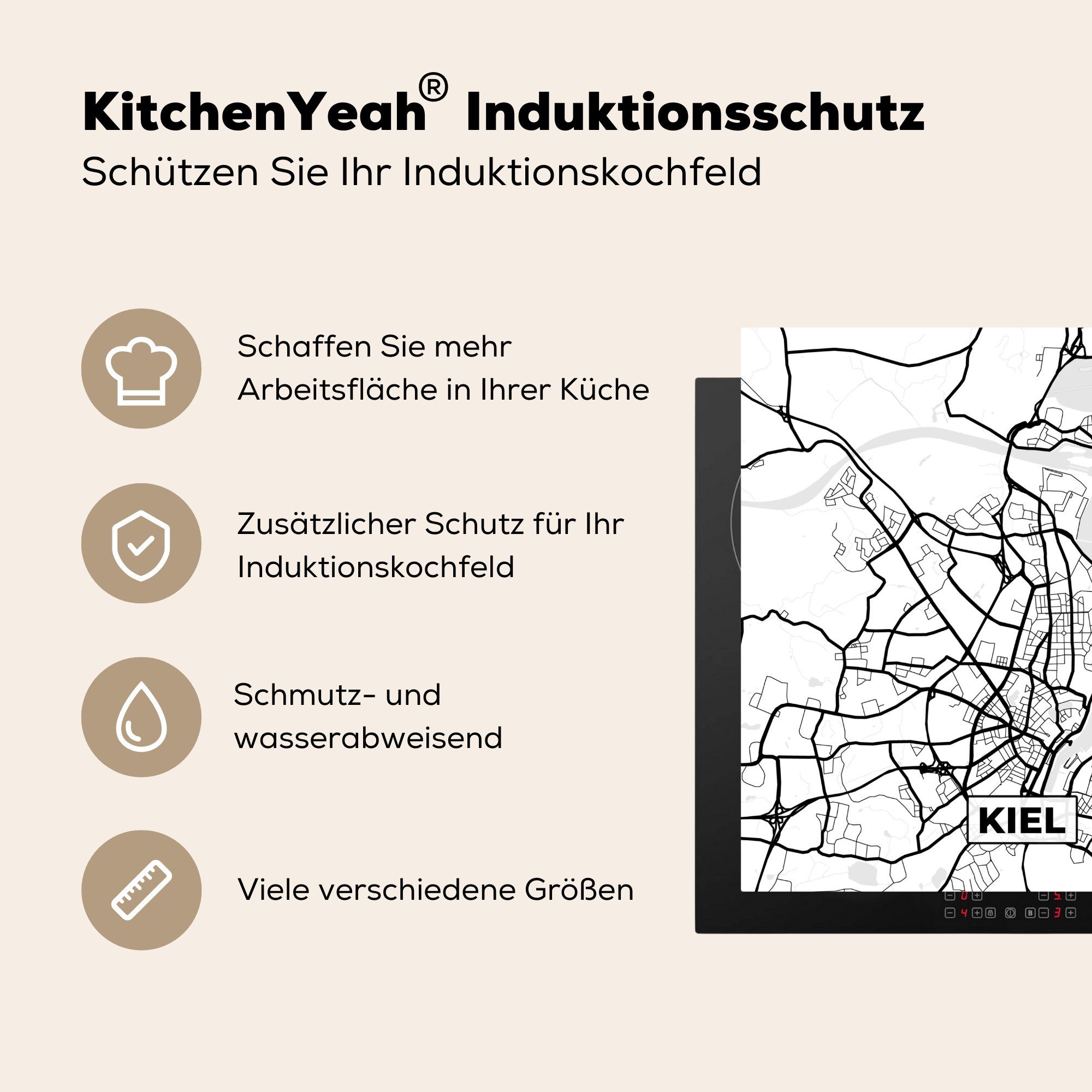 - Vinyl, Karte 78x78 Herdblende-/Abdeckplatte Kiel Ceranfeldabdeckung, MuchoWow Arbeitsplatte für Stadtplan, cm, - (1 küche tlg),