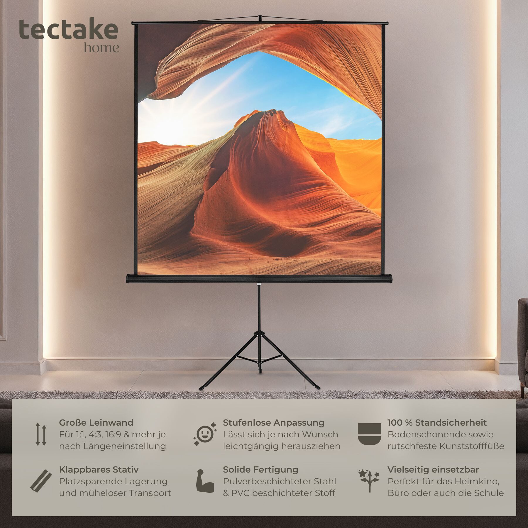 tectake Projektionswand ausziehbar mit standfestem, klappbarem Stativ Deckeneinbauleinwand (LCD–optimiert für HD und 3D, Gain-Faktor 1,0)
