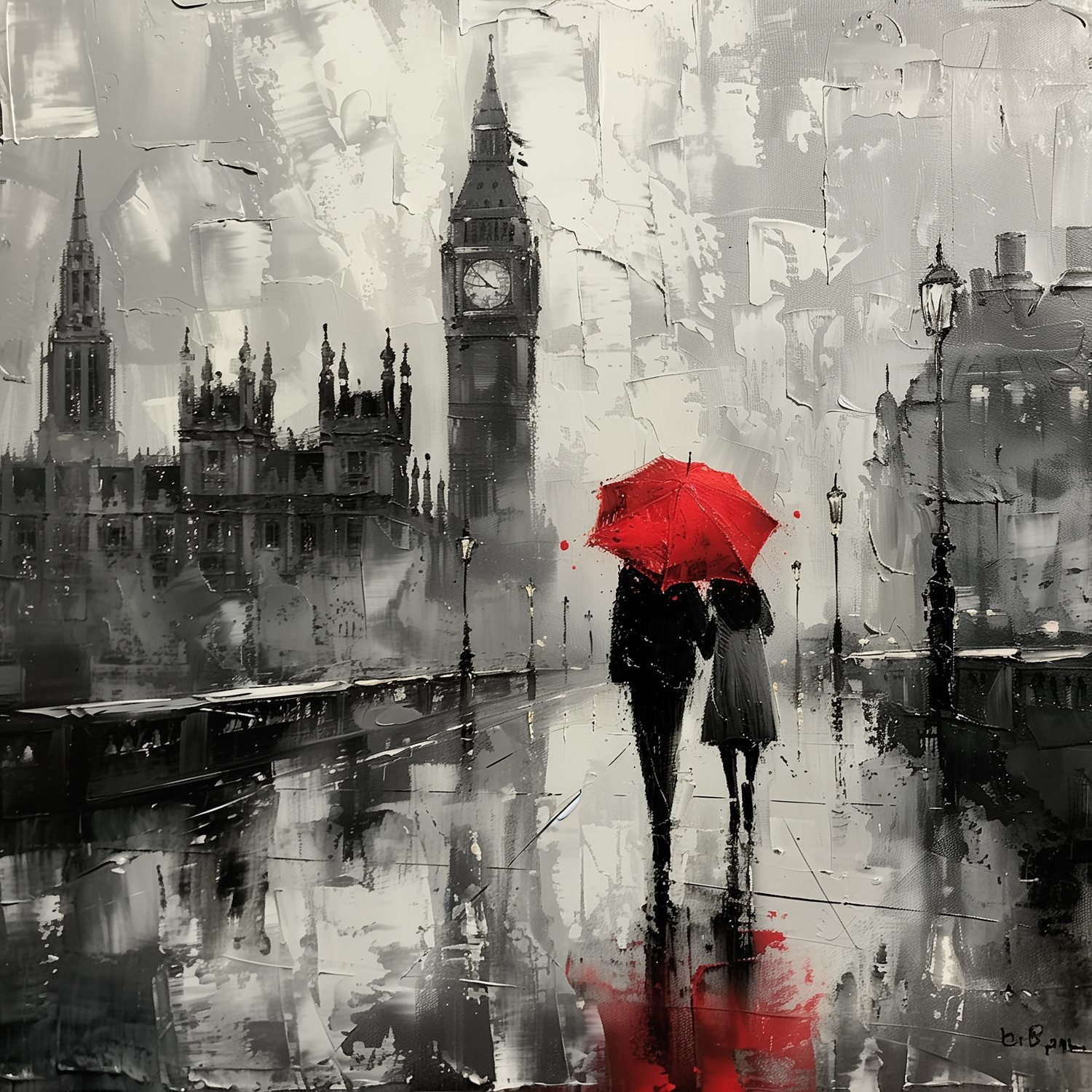 queence Leinwandbild Big Ben bei Regen, Architektonische Elemente, Bilder von Europa, Bilder von Liebespaaren, Brücken, Filmszene, Großbritannien, Jahreszeiten, Paar, Personen, Rain, Romantisch (1 St), Premium-Leinwandstoff, Handarbeit aus Deutschland