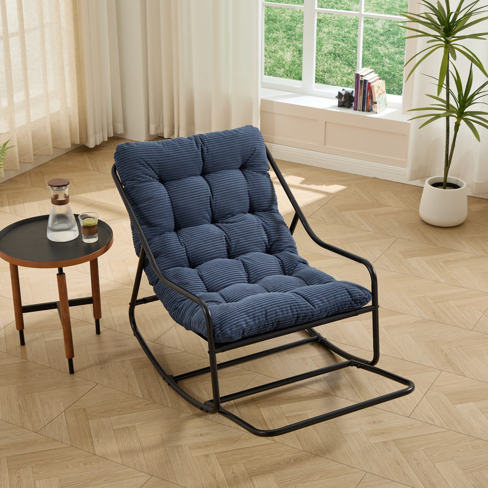 LVHOM Schaukelstuhl mit Fußstütze 75x116x82cm, wasserfestem Gestell für drinnen, draußen (8 cm integriertes Rücken-Sitzkissen, ergonomisches Design, geräuschlos & rutschfest, rostfreier Stahlrahmen, belastbar bis 130 kg), ideal für In-/Outdoor, Balkon, Garten, Wohnzimmer, Schlafzimmer, Büro