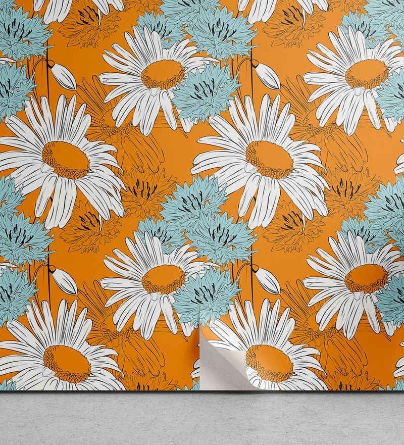 Abakuhaus Vinyltapete selbstklebendes Wohnzimmer Küchenakzent, Orange Gänseblümchen Frühlingssaison
