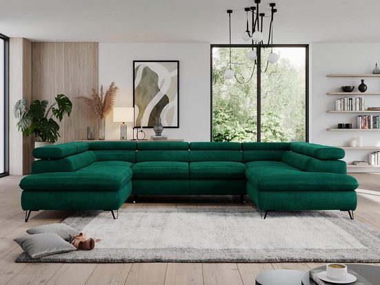 MKS MÖBEL Ecksofa PEDRO U, große U-förmige Ecke, Schlaffunktion, mit verstellbaren Kopfstützen Velvet Hydrophob Grün Monolith