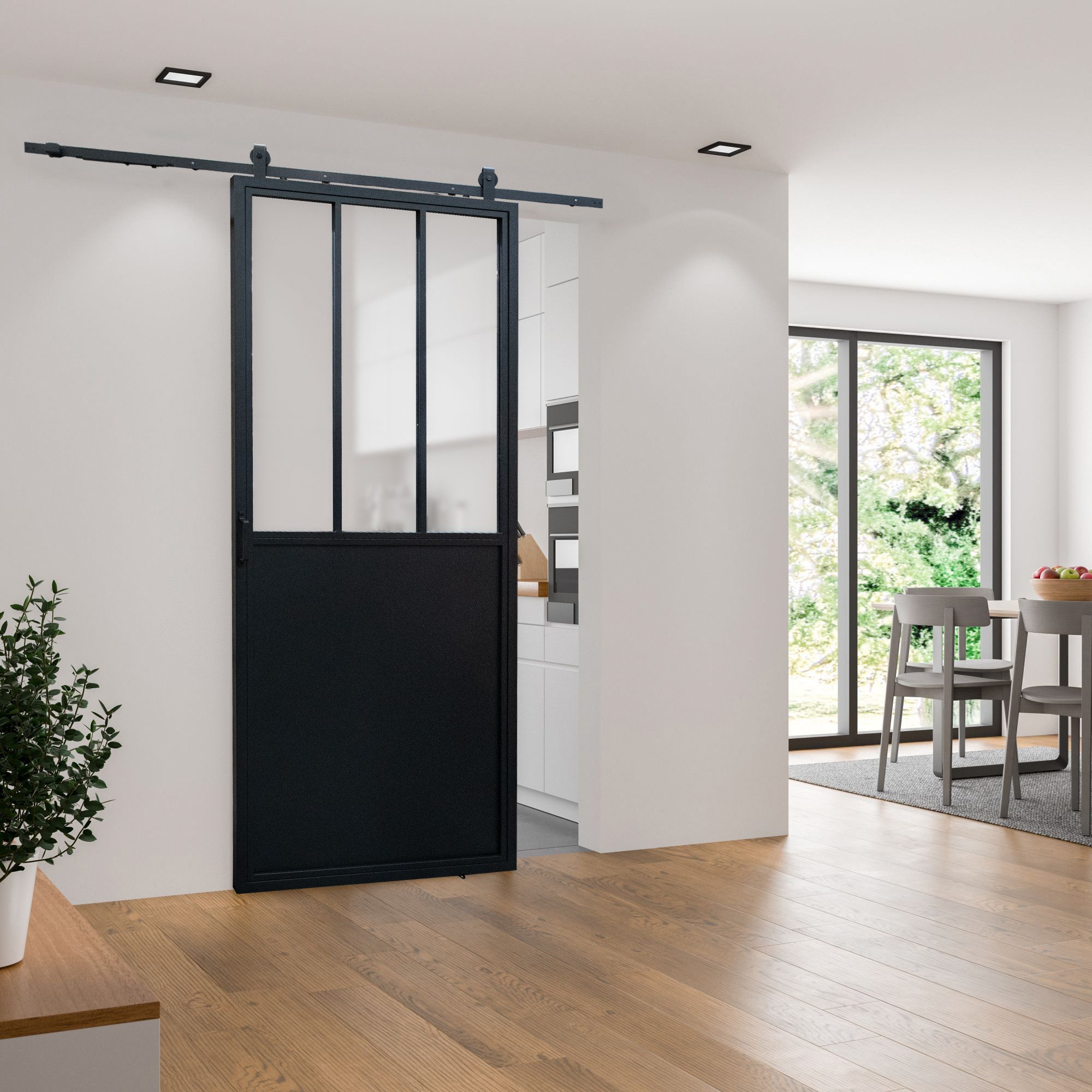 inova wohnen Glasschiebetür Stahltür Schwarz mit Milchglas Einsatz 90 x 215 cm (Komplett Set, inkl. offener Laufschiene und Bügelgriff), beidseitiger Softclose, Loftstyle