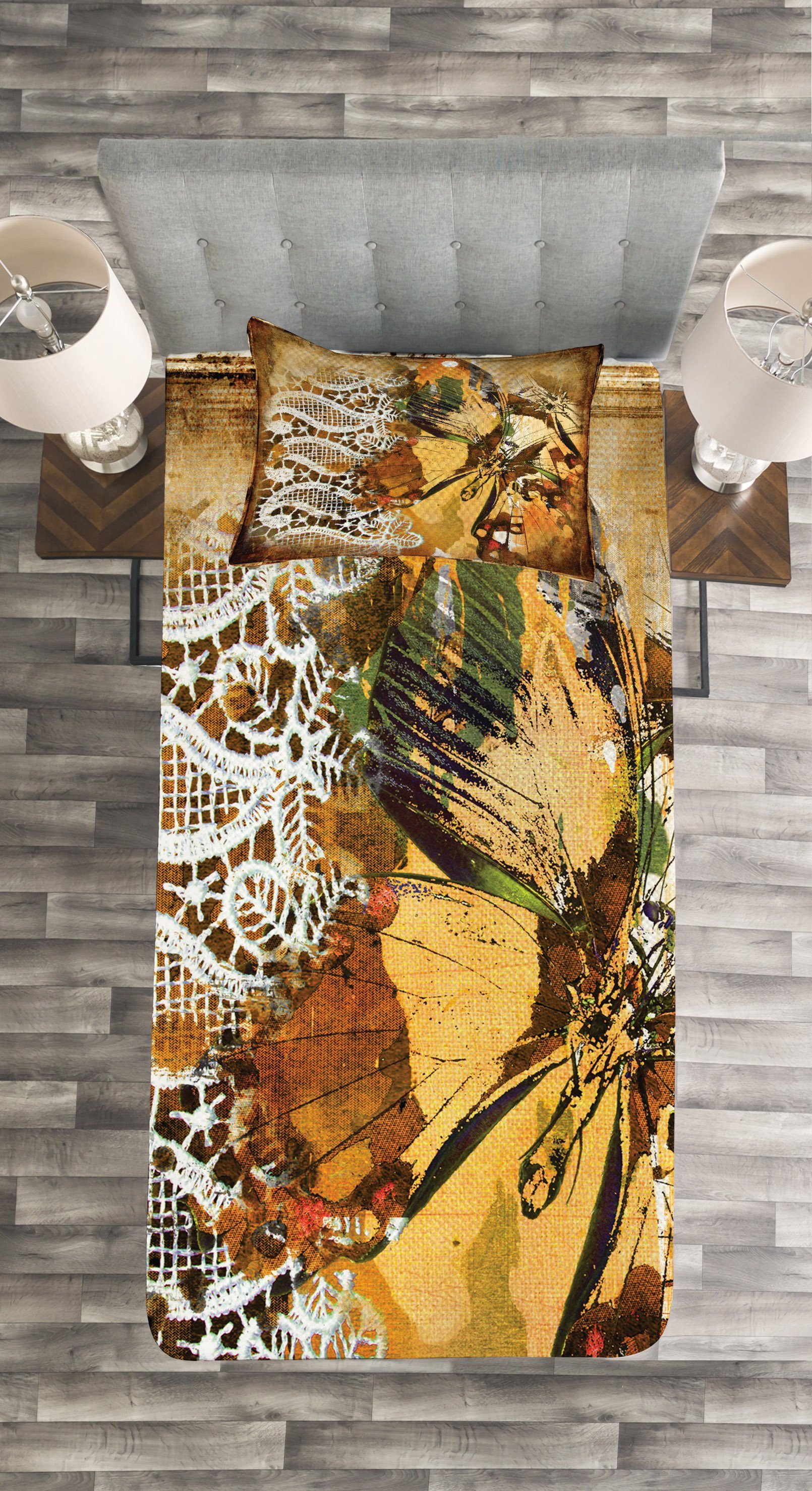 Tagesdecke Set mit Verziert Jahrgang Schmetterling Kissenbezügen Spitze und Abakuhaus, Waschbar