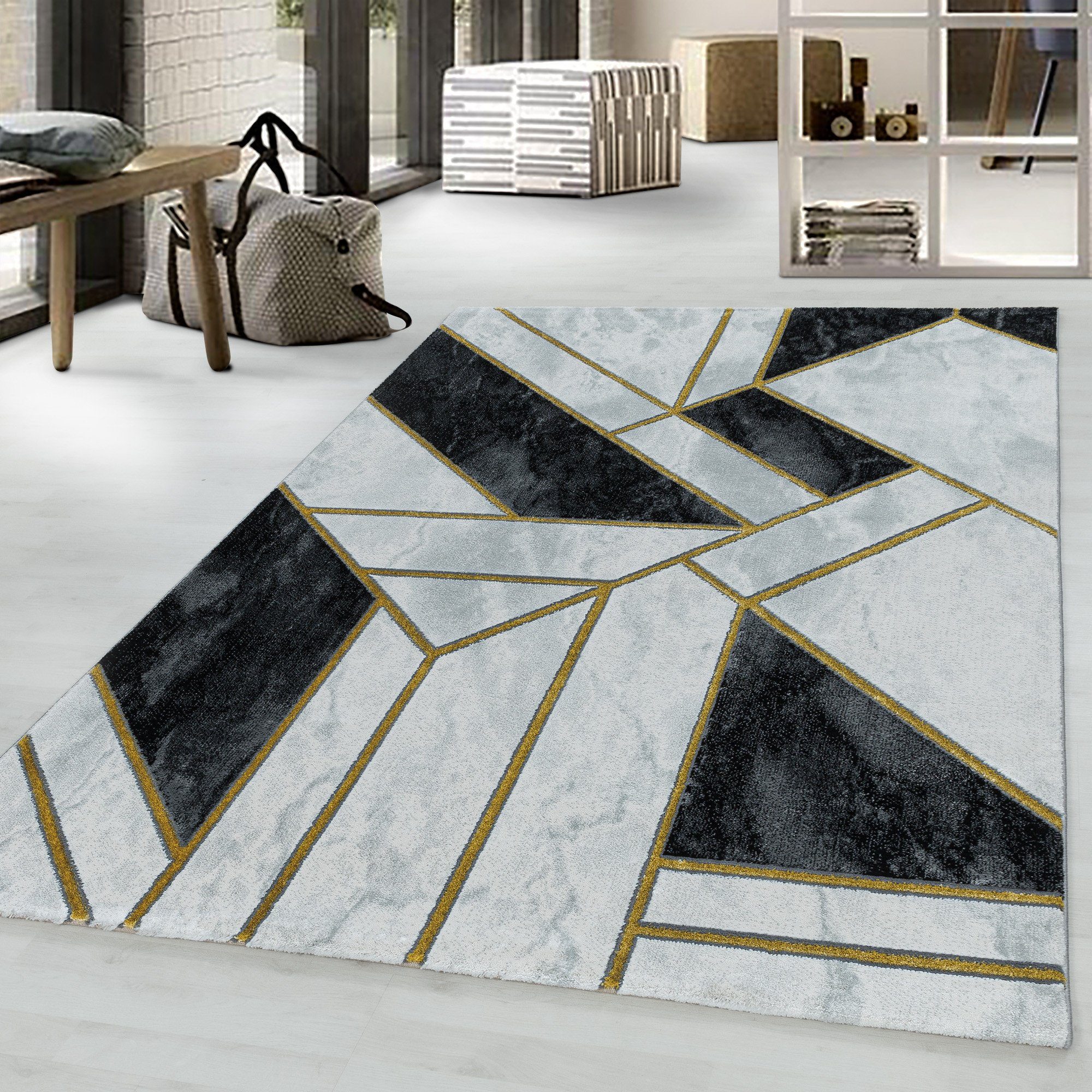 Designteppich Mosaikoptik Kurzflorteppich Flachflorteppich Schlafzimmer Miovani Gold Wohnzimmer