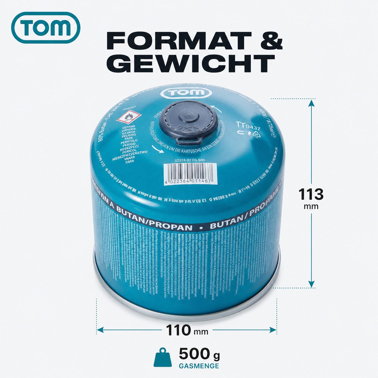 TOM Gaskartusche 500g Schraubgaskartuschen Set EN417, 1 St., Butan-/Propangemisch, 1er Set – Bild 5 von 5