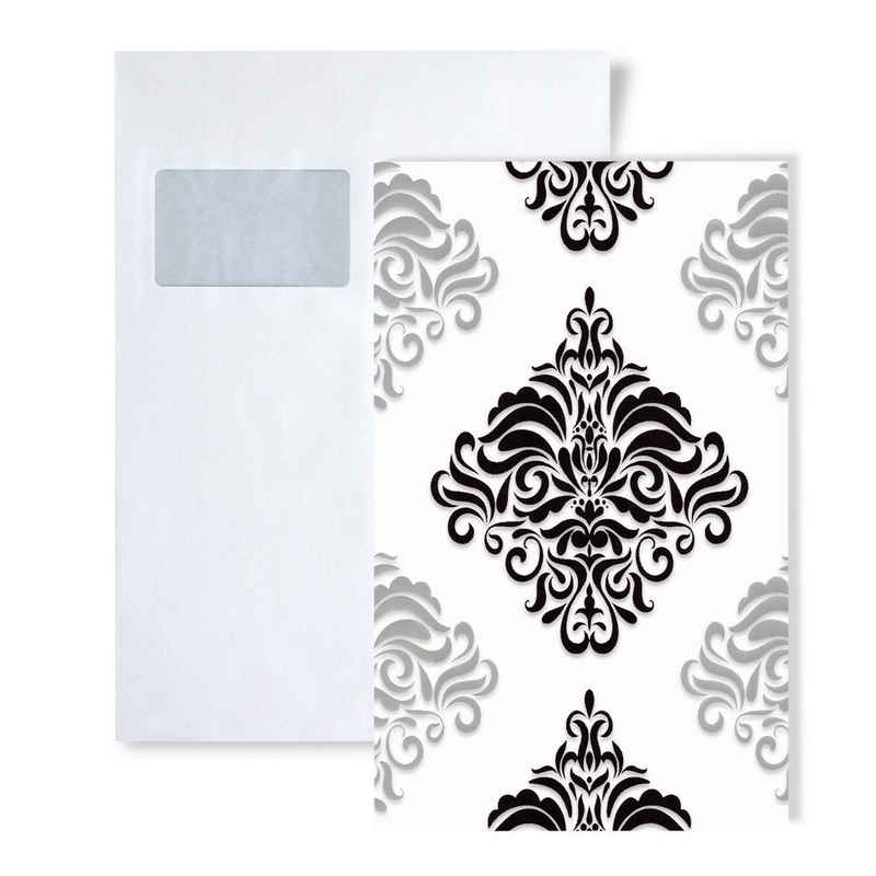 Edem Papiertapete S-85024BR20, Metall-Effekte, ornamental, Barock-Style, (1 Musterblatt, ca. A5-A4), weiß, schwarz, silber