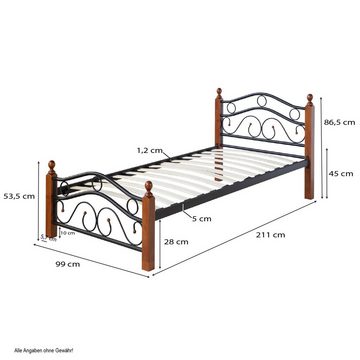 Homestyle4u Metallbett Einzelbett 90x200 cm mit Matratze Lattenrost Bett