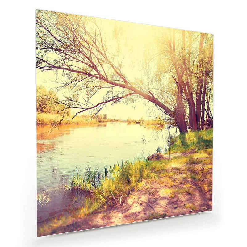 Primedeco Glasbild Wandbild Quadratisch Herbstlandschaft am Fluss mit Aufhängung, Natur