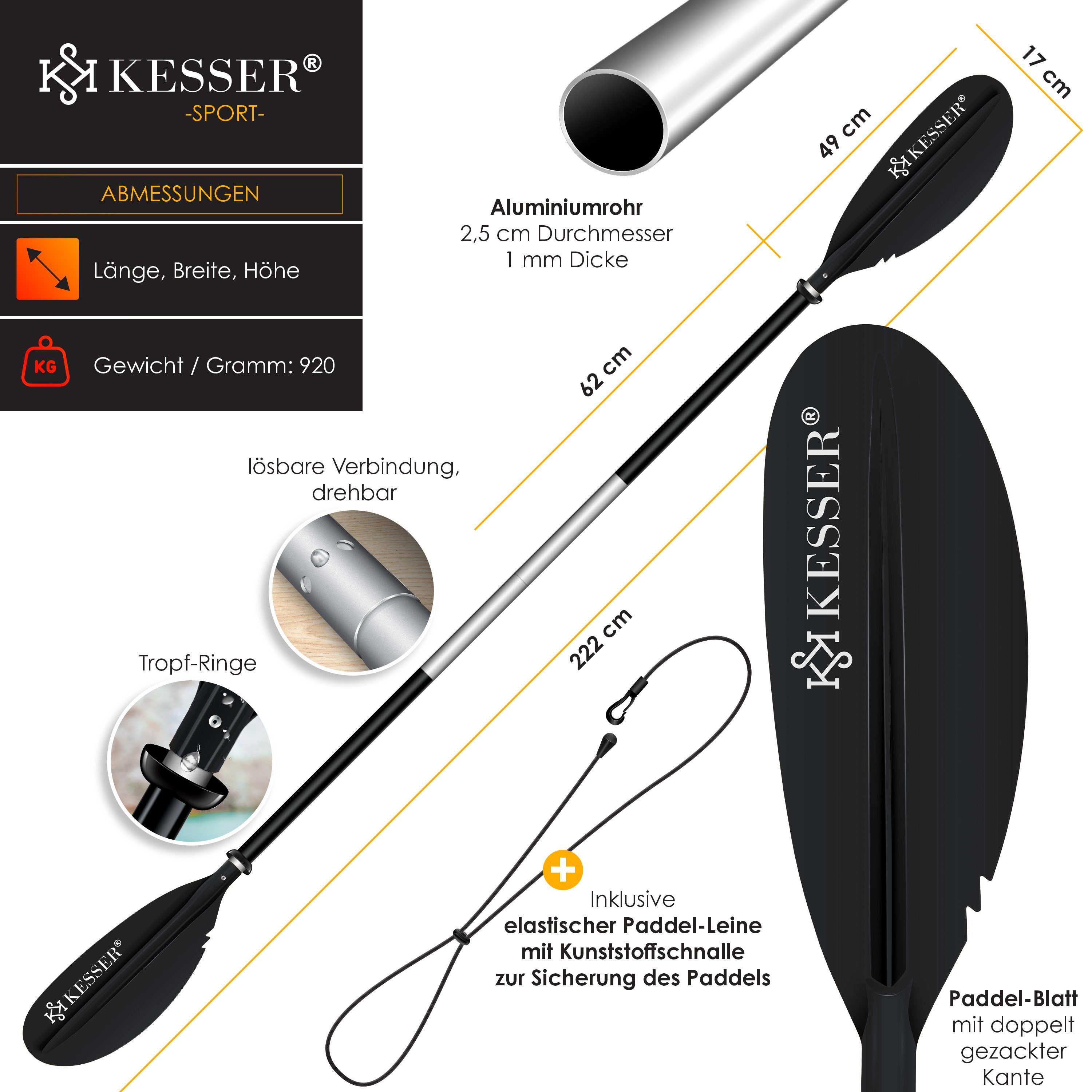 für Kayak Paddle Doppelpaddel SUP schwarz Stand-Up 4-teilig SUP-Paddel, Kanu KESSER