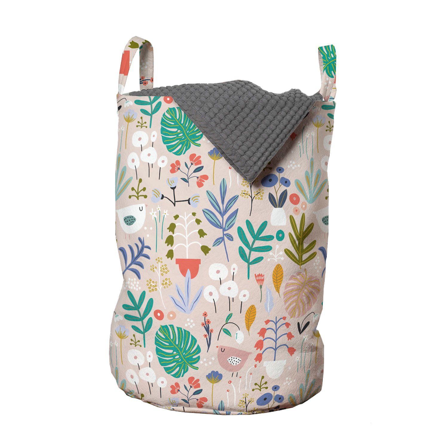 Abakuhaus Wäschesäckchen Wäschekorb mit Griffen Kordelzugverschluss für Waschsalons, Botanischer Monstera Glockenblumen Vögel