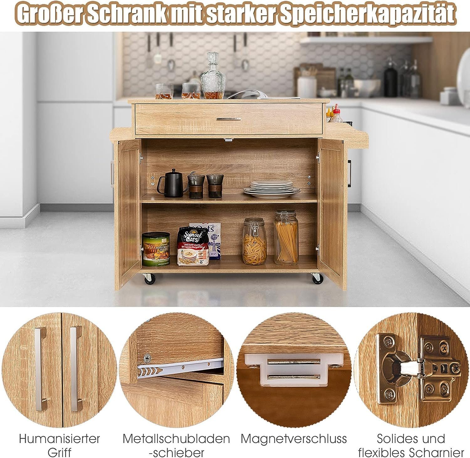 mit Schrank KOMFOTTEU Servierwagen Küchenwagen, Trennwand & natur Schublade,