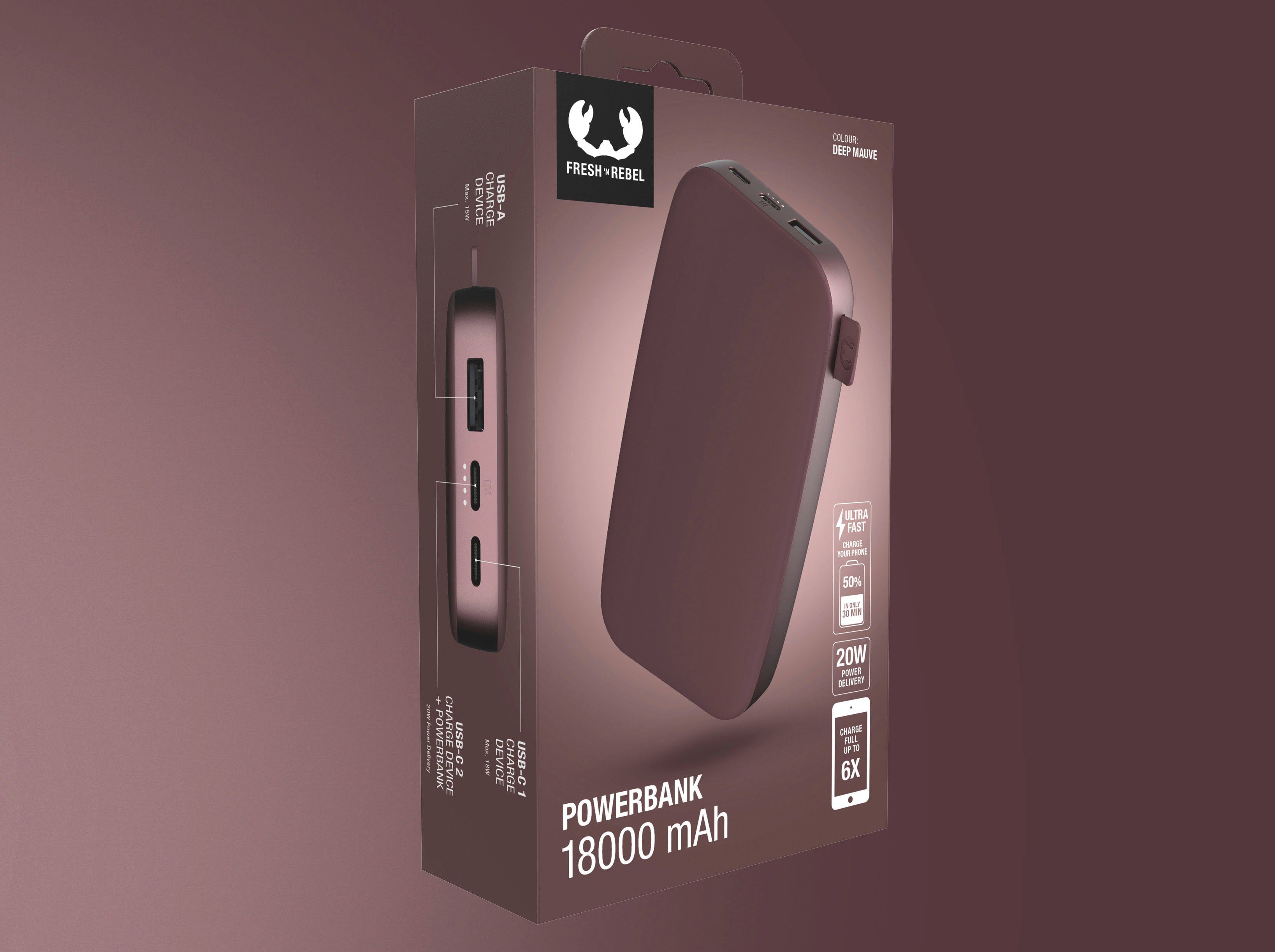 Powerbank Pack Rebel 20W Ultra dunkelrot & Power Fast mit Charge Fresh´n PD USB-C, 18000mAh