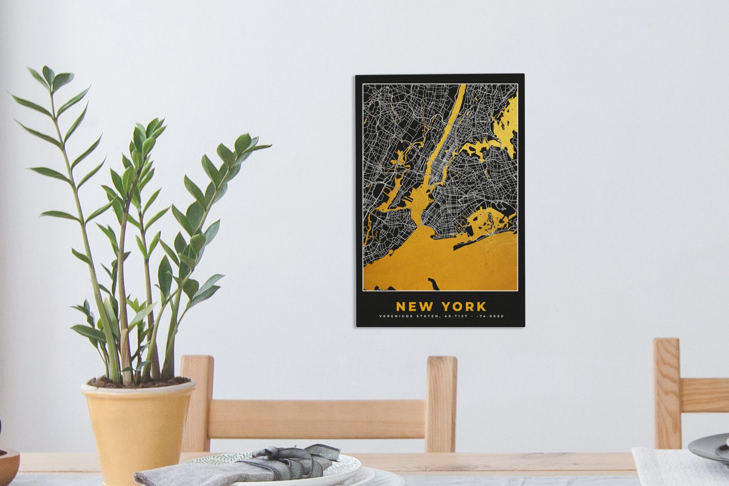 OneMillionCanvasses® Leinwandbild New York - Gold Stadtplan cm bespannt inkl. - Karte, St), Gemälde, (1 20x30 Zackenaufhänger, - Leinwandbild fertig