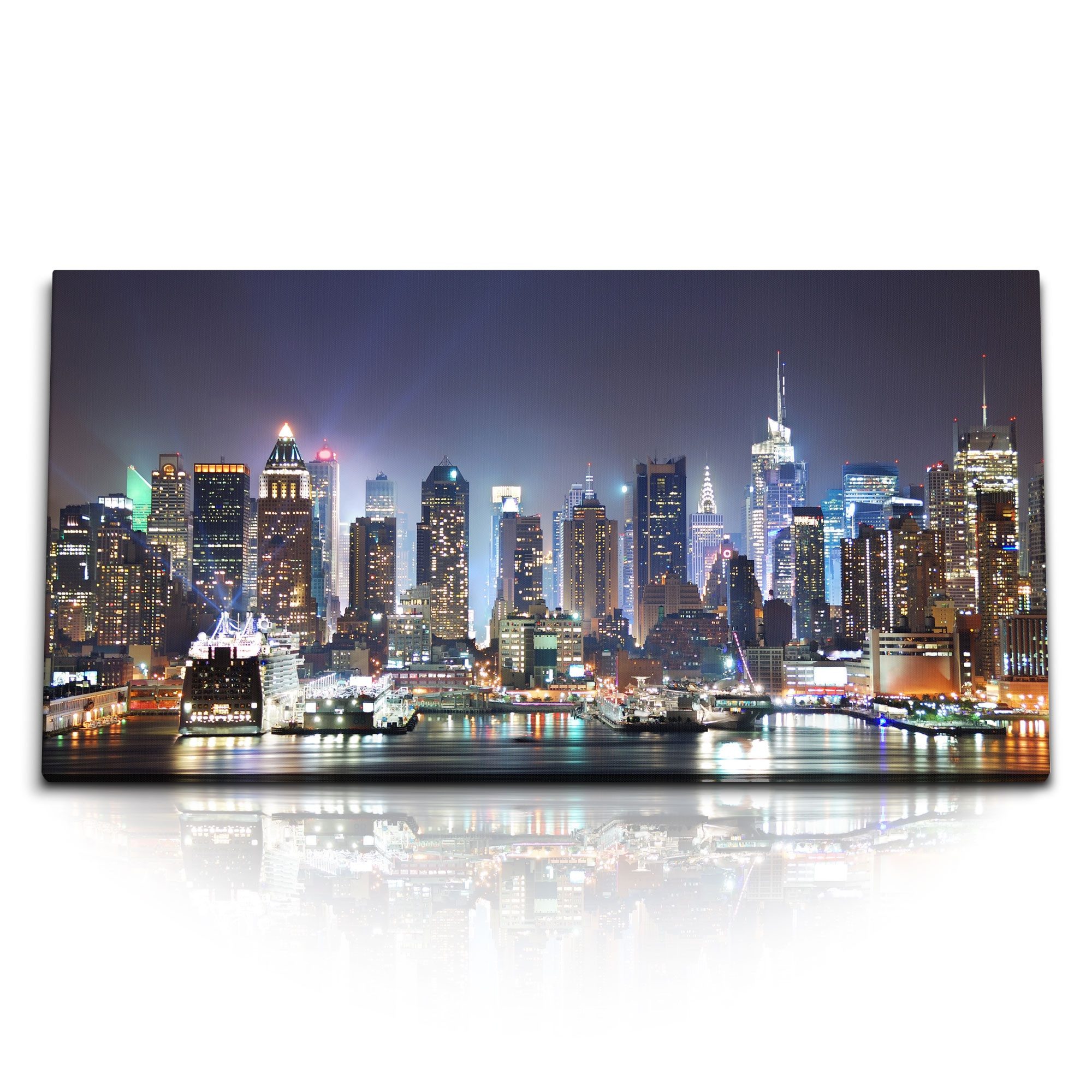 Leinwandbild Kunstdruck Bilder 120x60cm New York bei Nacht Skyline Hochhäuser Großs