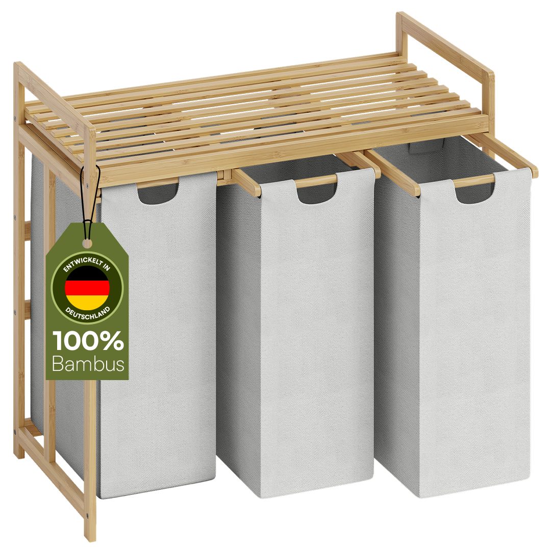 Bellamio Wäschekorb Newa aus Bambus (3 Fächer mit 1 Ablage, Hellgrau 150 L) günstig online kaufen