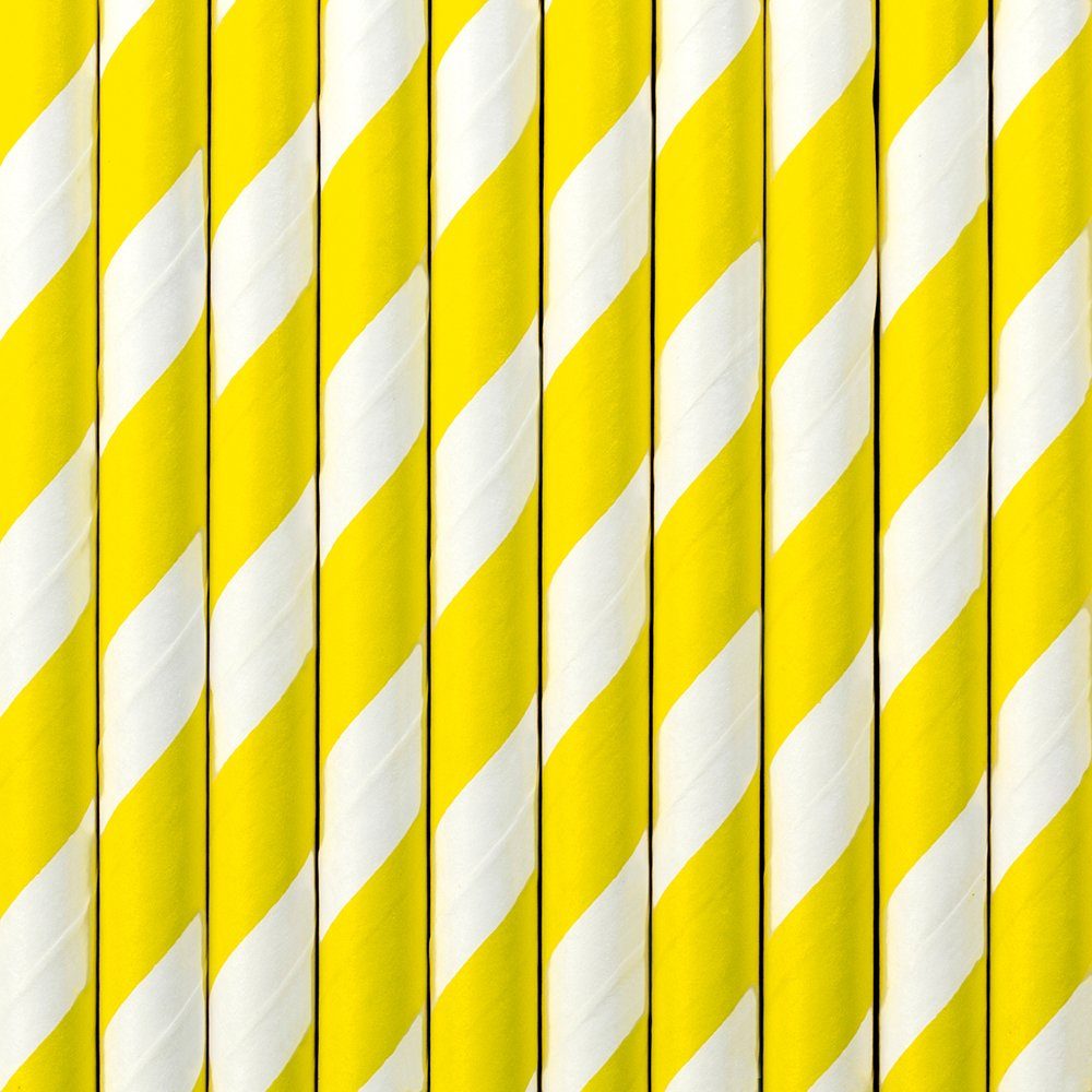 partydeco Trinkhalme, Papierstrohhalme diagonal gestreift 19cm weiß gelb 10er Set