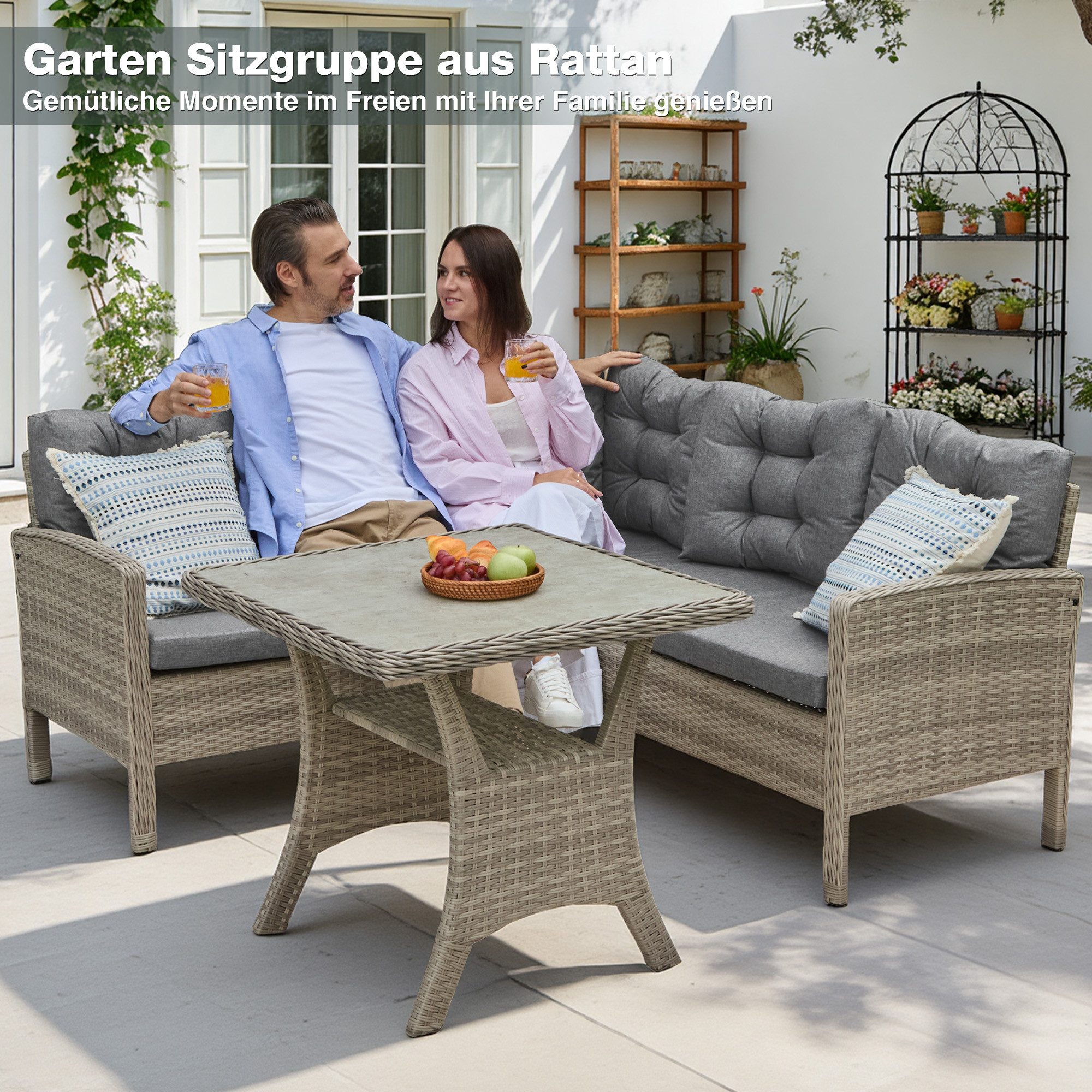 HOMECALL Gartenlounge-Set Gartenlounge-Set Dining Lounge mit Esstisch, Rattan für 5-6 Personen, (Set, 2x 2er Sofa, 1x 1er Sofa, 1x Tisch 73x73x69cm,Loungeset Outdoor), Wetterfester Rahmen Sitzbereich für 5 Personen, COMLAX FIELD