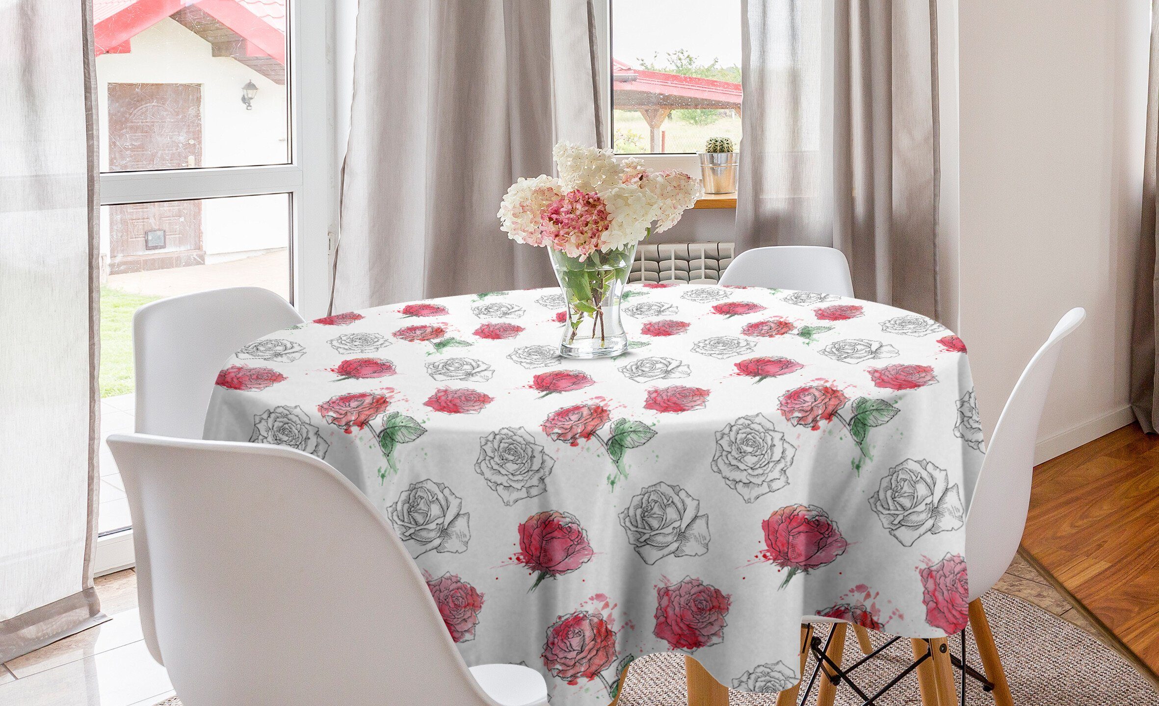 Abakuhaus Tischdecke Kreis Tischdecke Abdeckung für Esszimmer Küche Dekoration, Vintage Rose Blumen Skizze-Kunst