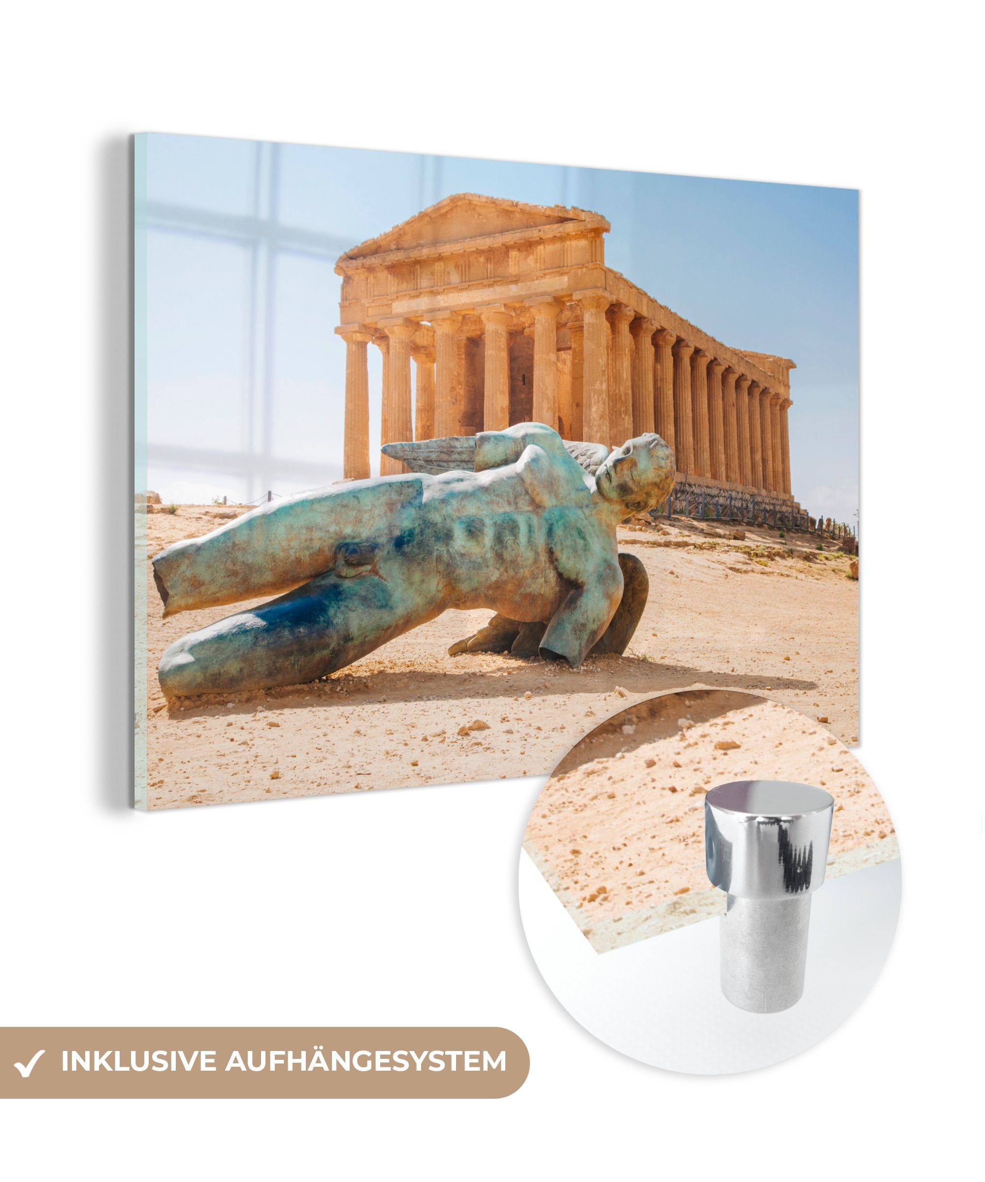 MuchoWow Acrylglasbild Statue vor dem Tempel der Concordia in Agrigento, Sizilien, (1 St), Acrylglasbilder Wohnzimmer & Schlafzimmer