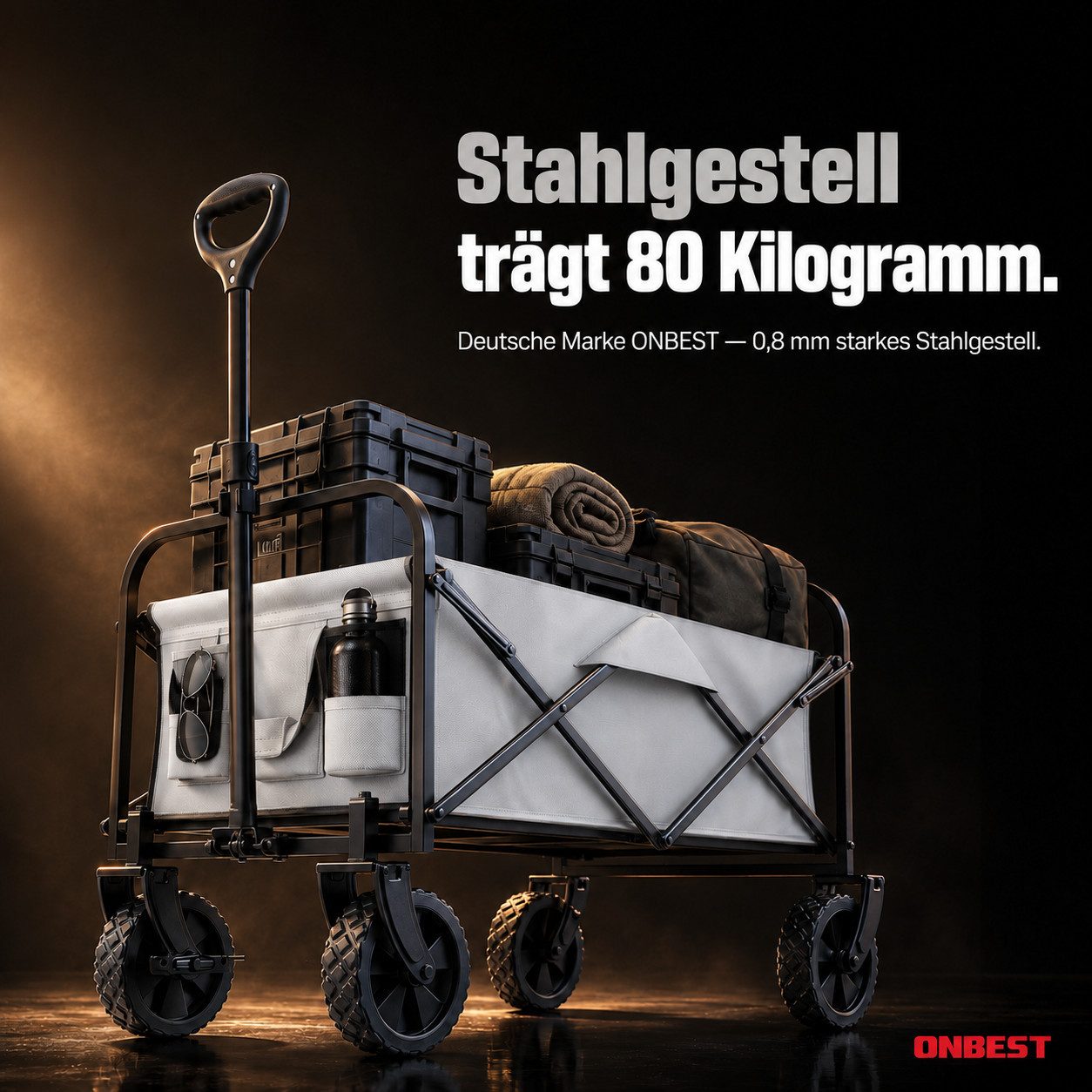 Onbest Bollerwagen PREMIUM Handwagen faltbar mit Schutzabdeckung, Wasserdicht, 61 Liter, Pop Up, bis 80kg