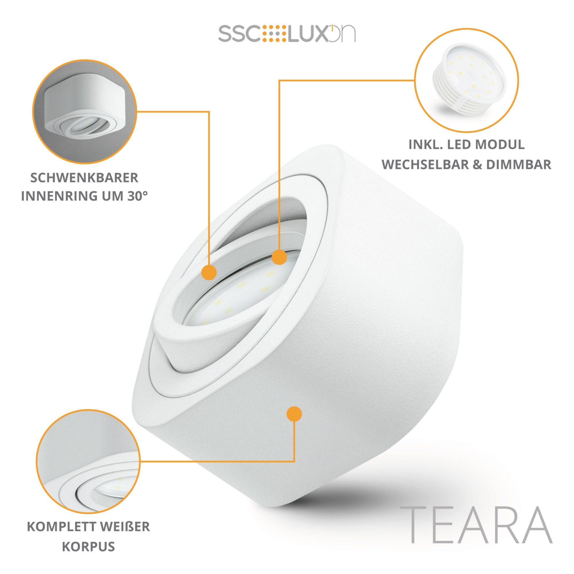 SSC-LUXon Aufbauleuchte Dimmbarer LED TEARA Aufbauspot LED weiss schwenkbar Warmweiß flach, & Modu, mit