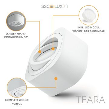 SSC-LUXon Aufbauleuchte Dimmbarer LED Aufbauspot TEARA flach, schwenkbar & weiss mit LED Modu, Warmweiß