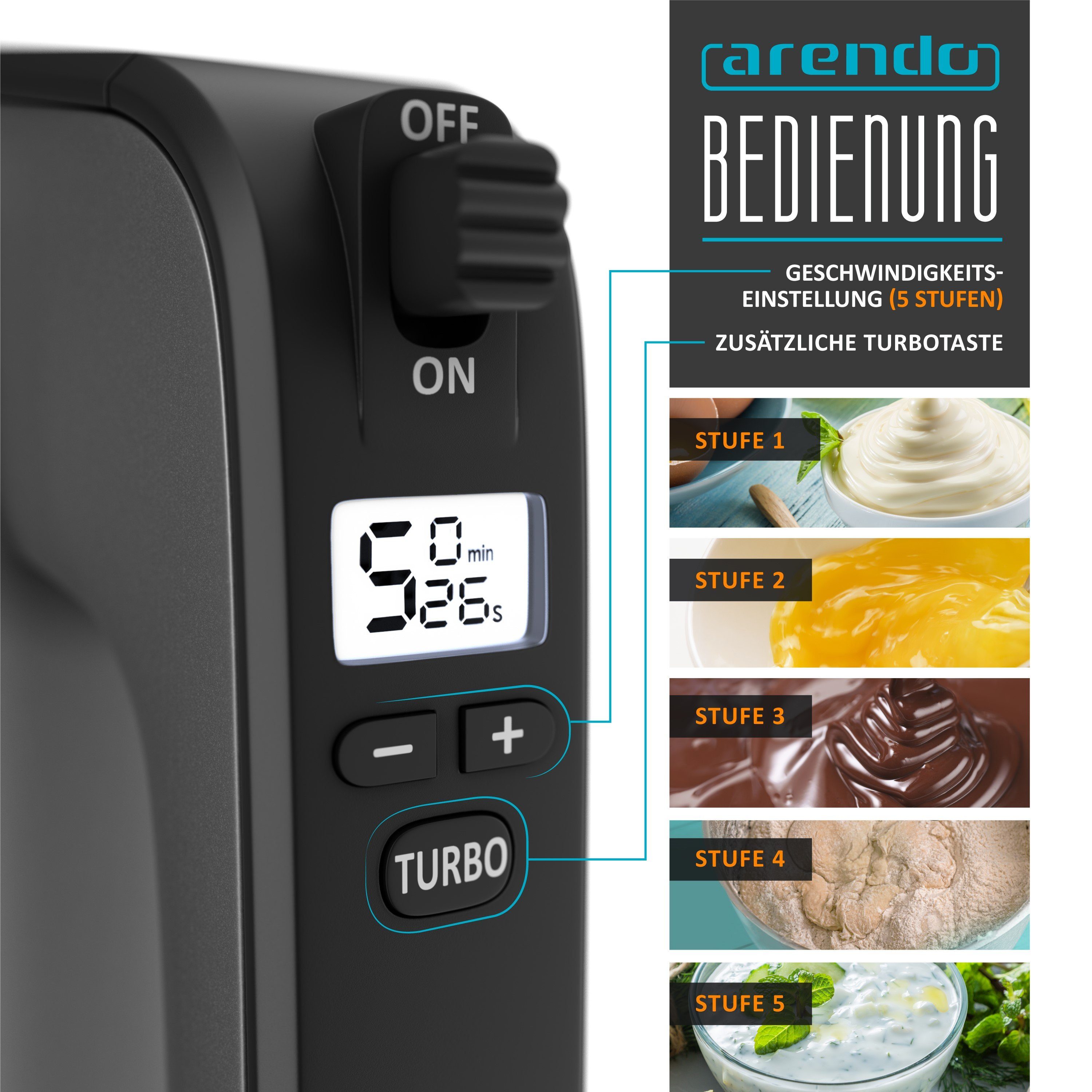 Arendo Handmixer Elektrischer Rührmixer, Handrührgerät inkl. 2 Quirle & 2 Knethaken, 350 W, Handrührer, Hakenentriegelung, Rührgerät mit Turbotaste, Edelstahl – Bild 2 von 5