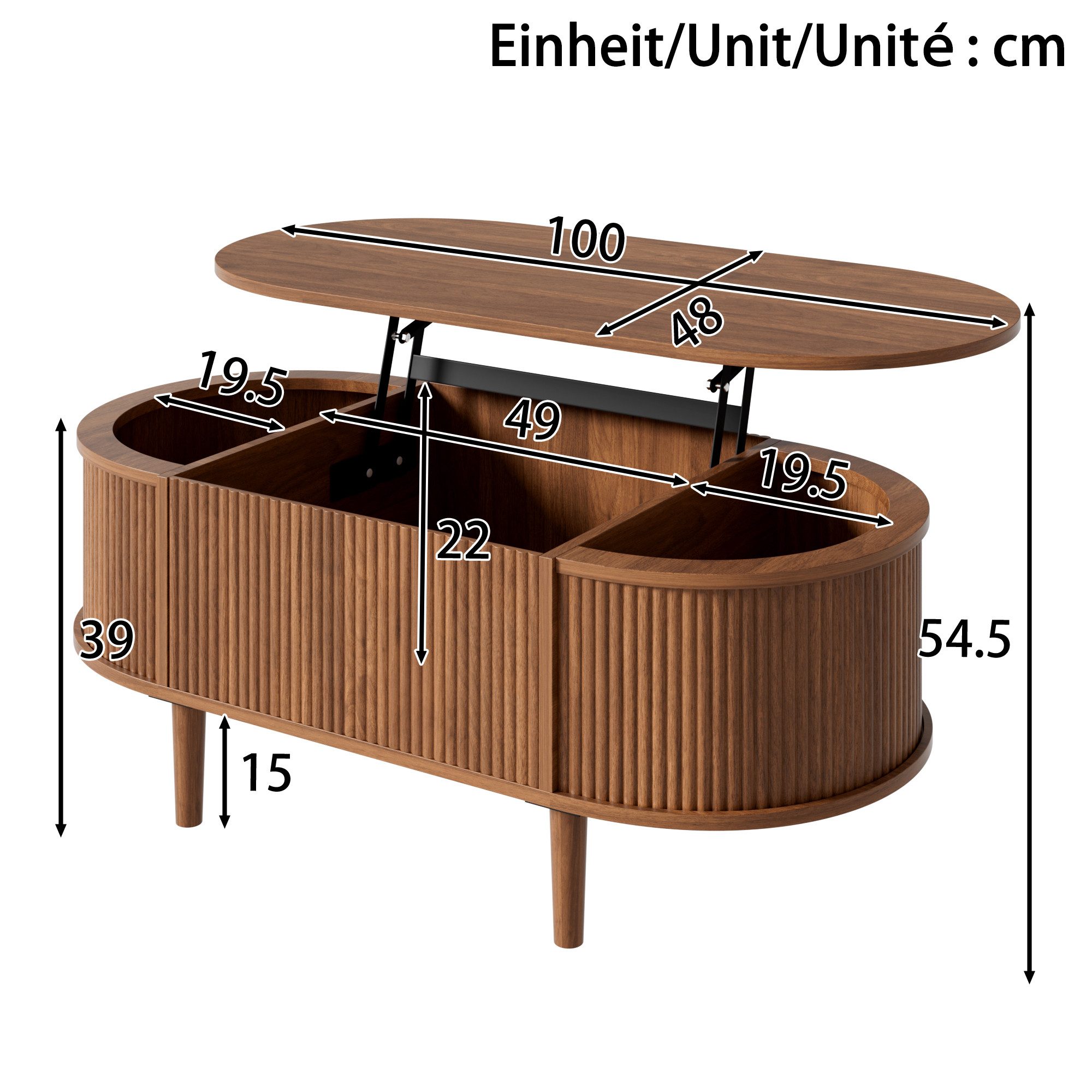 Merax Couchtisch anhebbarer Sofatisch oval Beistelltisch mit Liftfunktion & Holzoptik (100 x 48 x 54,5 cm, 1-St), Wohnzimmertisch mit verstecktem Stauraum, 3 Ab – Bild 5 von 5