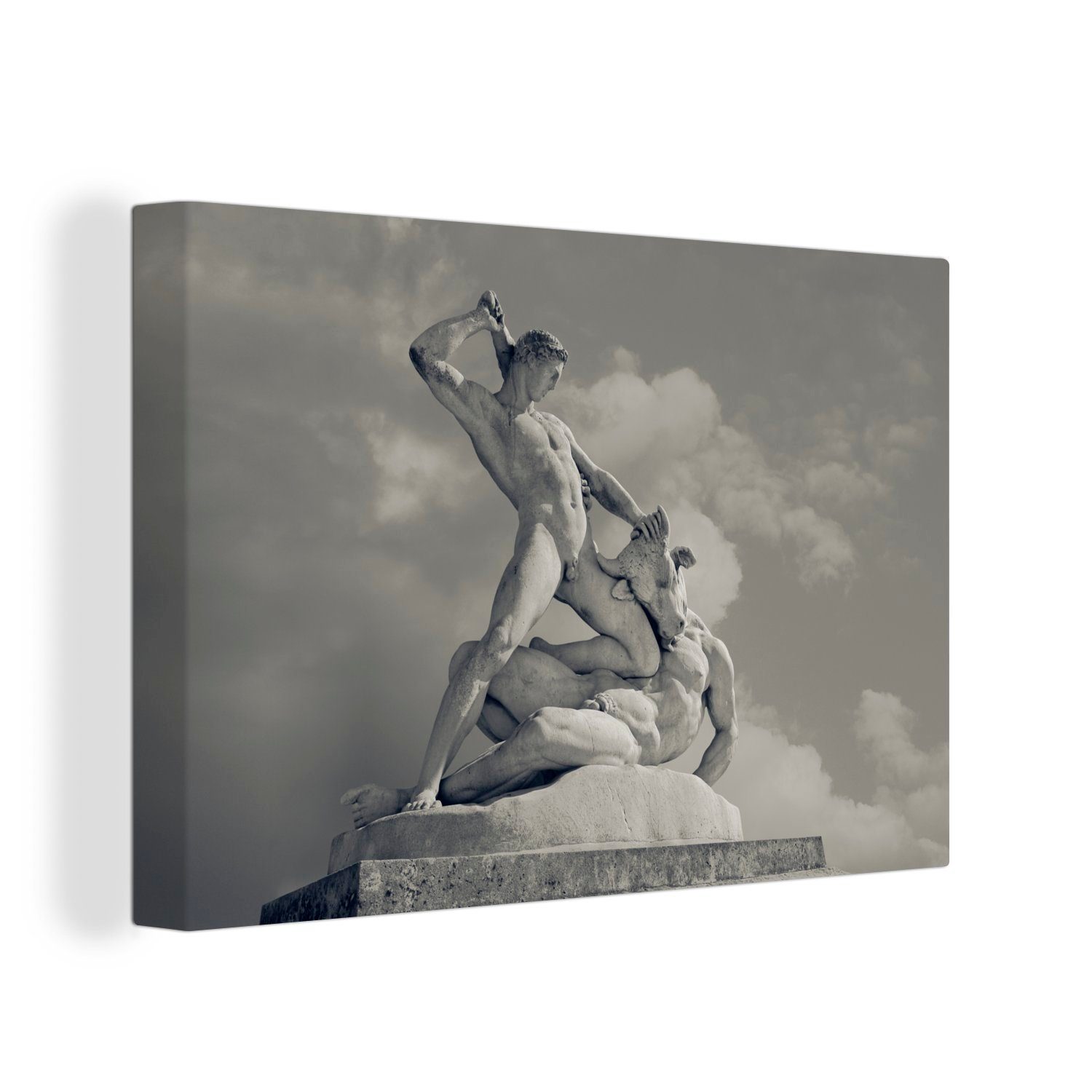 OneMillionCanvasses® Leinwandbild Mann im Kampf gegen einen Minotaurus aus der griechischen Mythologie, (1 St), Wandbild Leinwandbilder, Aufhängefertig, Wanddeko, 30x20 cm