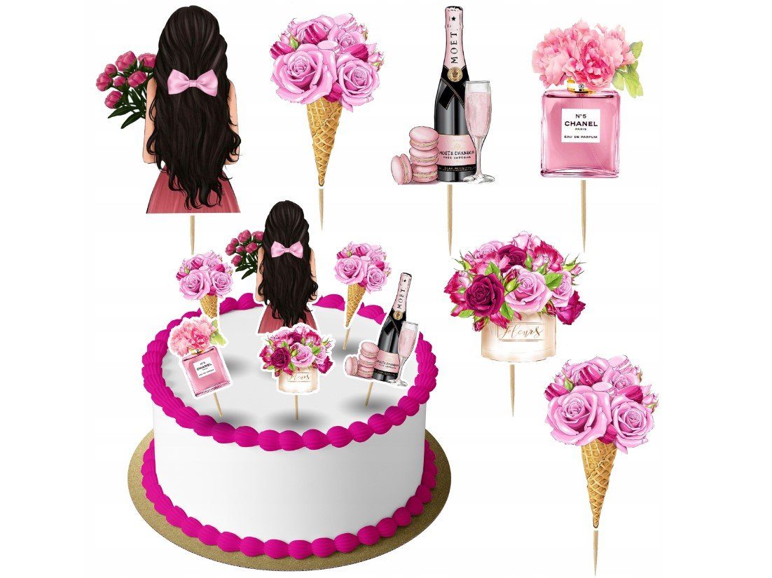 Festivalartikel Tortenstecker Mädchen Blumen Rosa Topper Set 6 Stk Geburstag Torten Deko Kuchen Frau