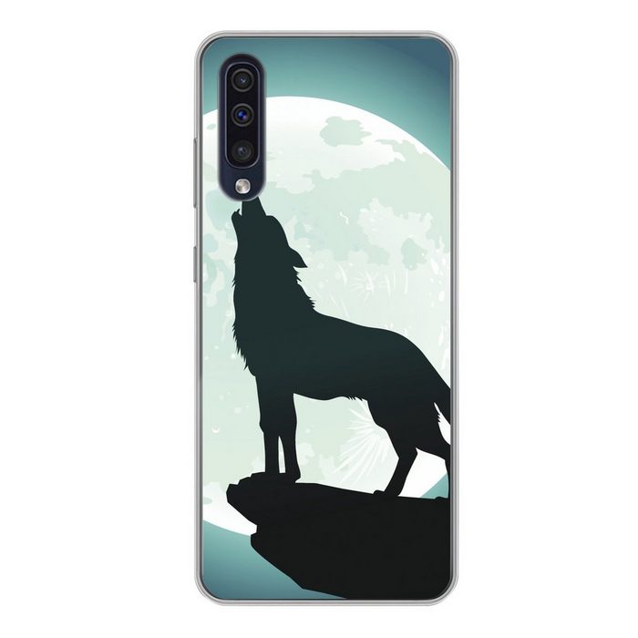 MuchoWow Handyhülle Wolf - Mond - Stein Handyhülle Samsung Galaxy A50 Smartphone-Bumper Print Handy