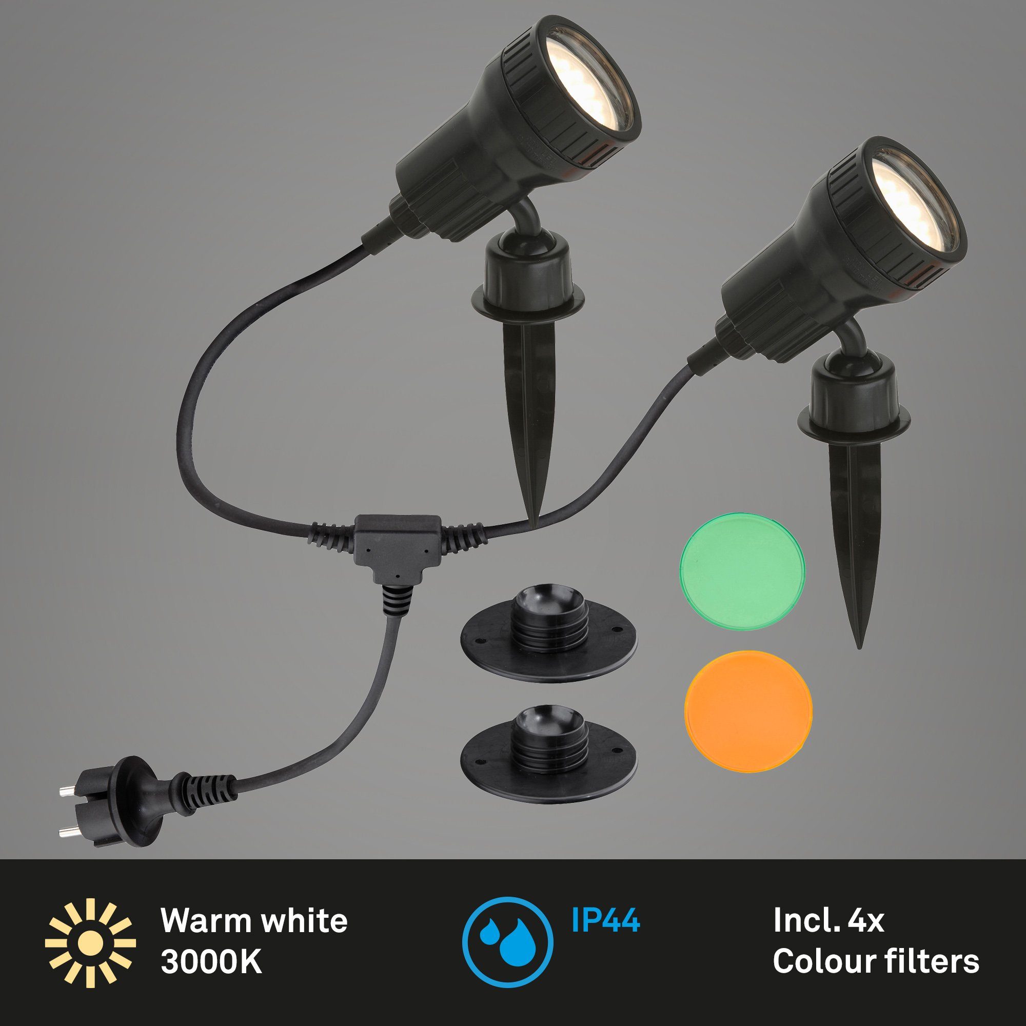 wechselbar, LED Briloner Warmweiß, 3077-025, Erdspieß+Wandhalterung, Gartenstrahler wechselbar, GU10, LED Farbfilter schwarz, Leuchten Warmweiß