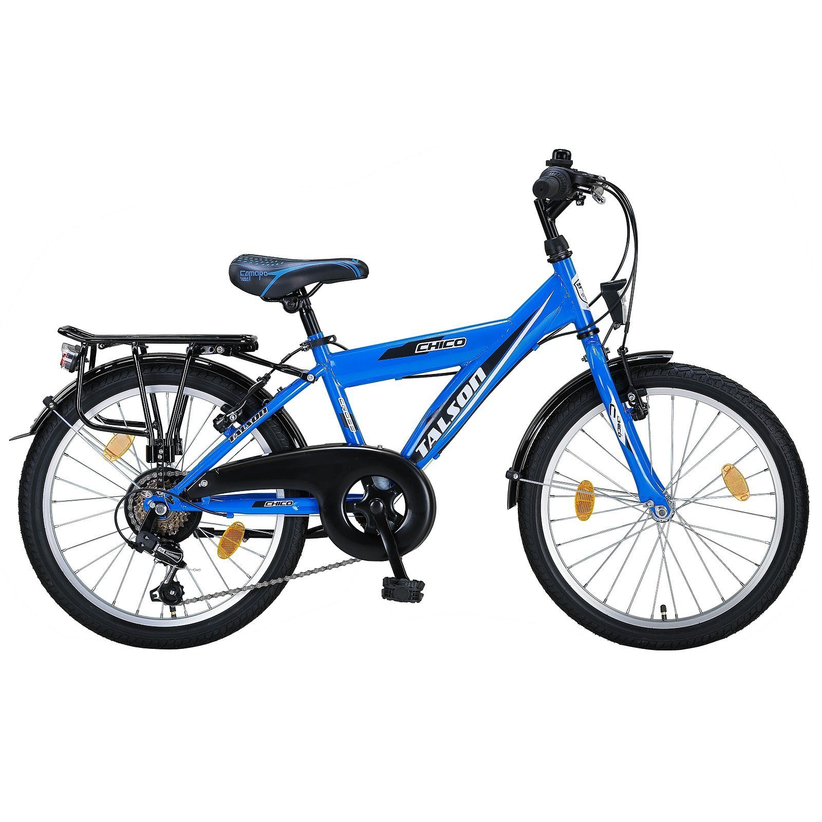Talson Kinderfahrrad 20 Zoll Cityrad, 6 Gang Shimano, Kettenschaltung, mit Beleuchtung nach StVZO und Gepäckträger Blau | Kinderfahrräder