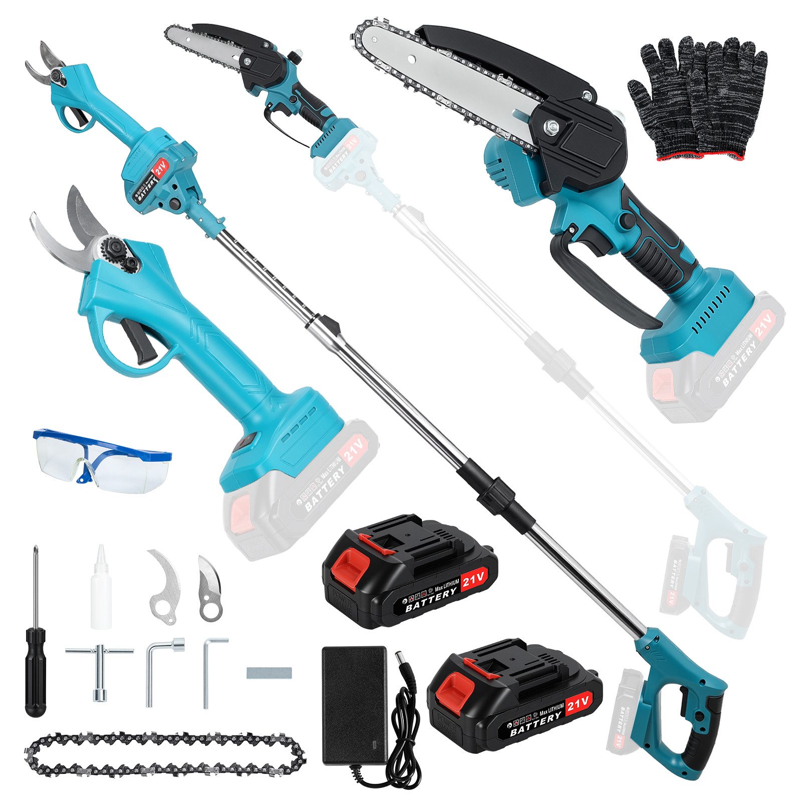 Rutaqian Hochentaster Akku Hochentaster 2in1 Set, Mini Kettensäge Astschere 2 Akku, bis 3 m Arbeitshöhe, (1 x elektrische Kettensäge, 1 x Verlängerungsstange, 1 x elektrische Gartenschere, 2 x Akkus, 1 x Ladegerät, Elektrische Kettensäge, Gartenschere (inkl. 2 Akkus und Ladegerät), Akku Hochentaster 2in1 Mini Kettensäge 180cm 550W 2 Akku