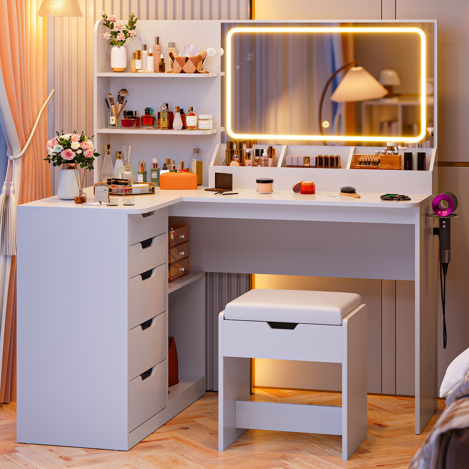 Furnicopia Schminktisch LED-Schminktisch mit großer Ablagefläche und Hocker günstig online kaufen