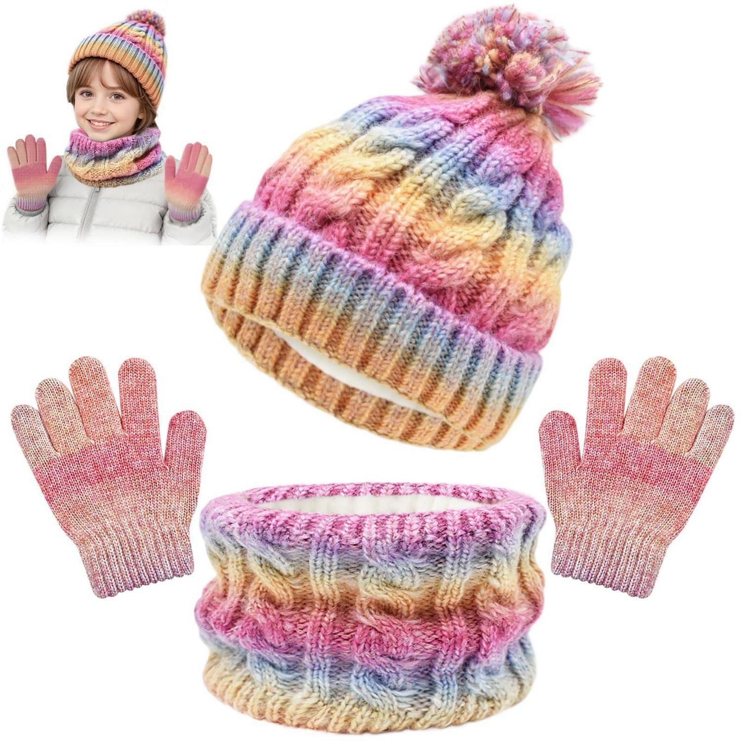 LuxusKollektion Strickhandschuhe Kinder Wintermütze Schal Handschuhe Set Rosa 3-8 Jahre (1-St)