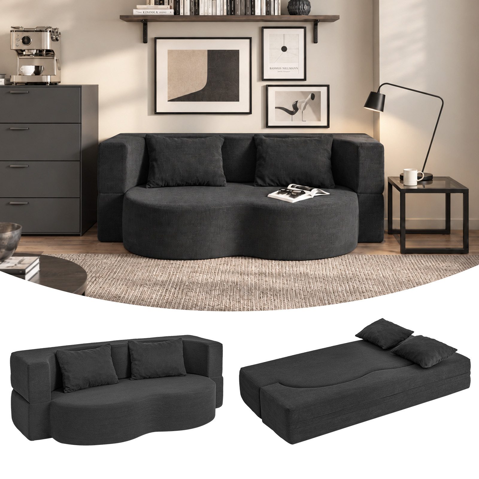 SoBuy Schlafsofa FST101, 2-Sitzer Sofa aus Cord, Klappsofa Gästebett mit 2 Kissen, Bodensofa mit Schlaffunktion für Wohnzimmer Schlafzimmer Gästezimmer