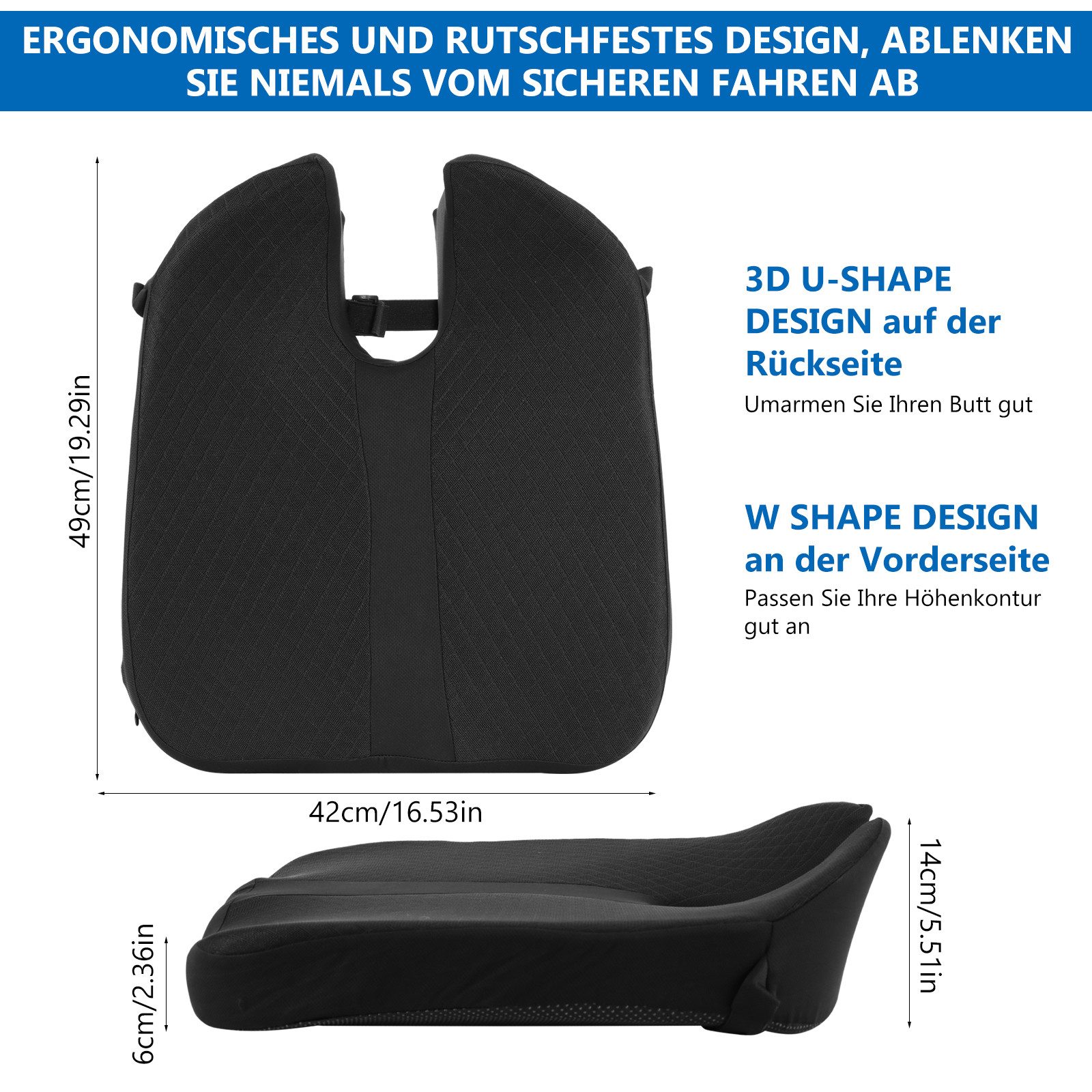 BlingBin Sitzkissen Auto-Sitzkissen Memory Foam, Fahrersitz-Kissen zur Sitzerhöhung, ergonomisches Sitzkissen für Fahrersitz, Büro und Stuhl, Sitzerhöhung