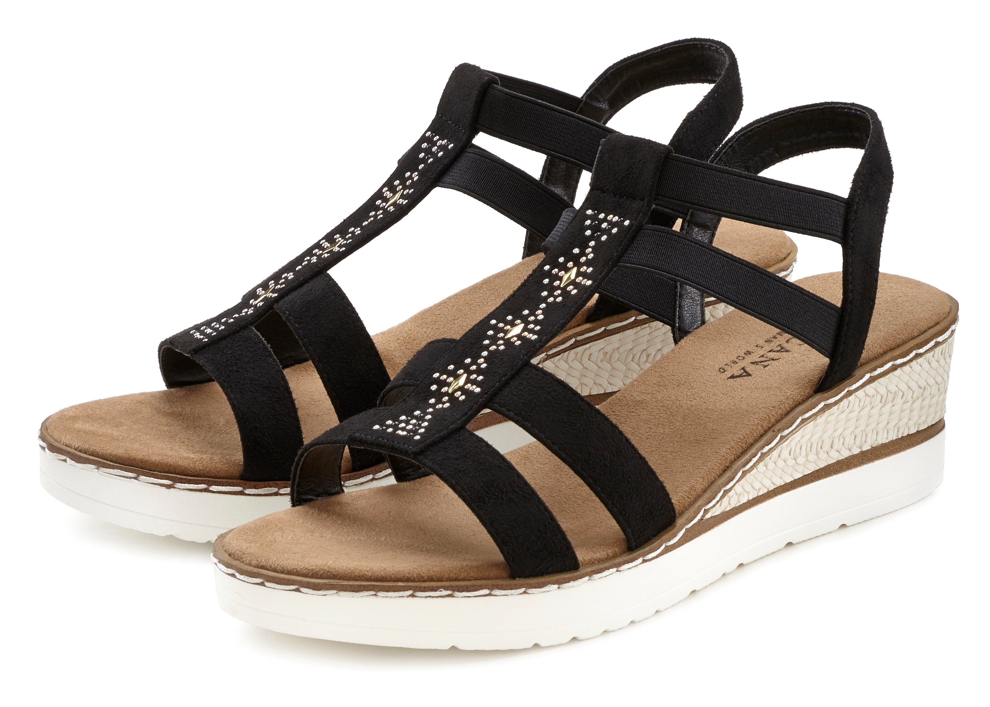 Schmucksteinen Keilabsatz Sandalette, VEGAN Sandalette und mit LASCANA schwarz Sommerschuh