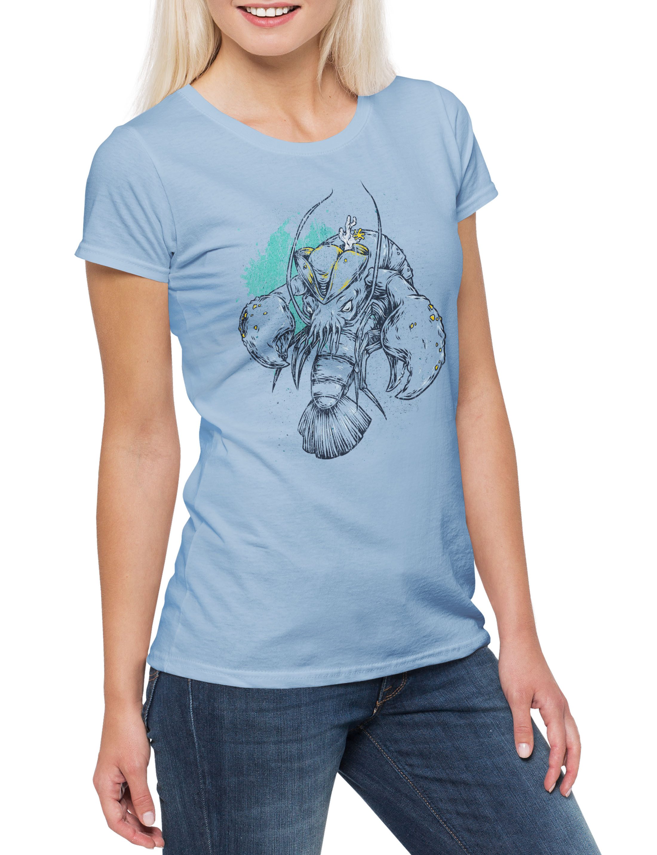 Print-Shirt Sailor Lobster Damen T-Shirt Kapitän Hummer Pirat Taucher Red Tattoo
