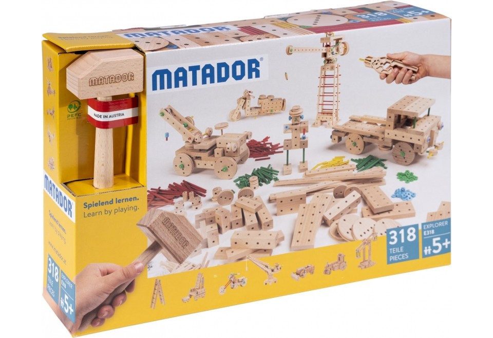 Matador Konstruktions-Spielset MATADOR 11318 - Explorer E318, Baukasten, Holz, 318 Teile, Konstruk...