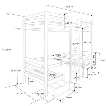 Homestyle4u Hochbett Kinderbett 90x200 weiß Schreibtisch Bettkasten