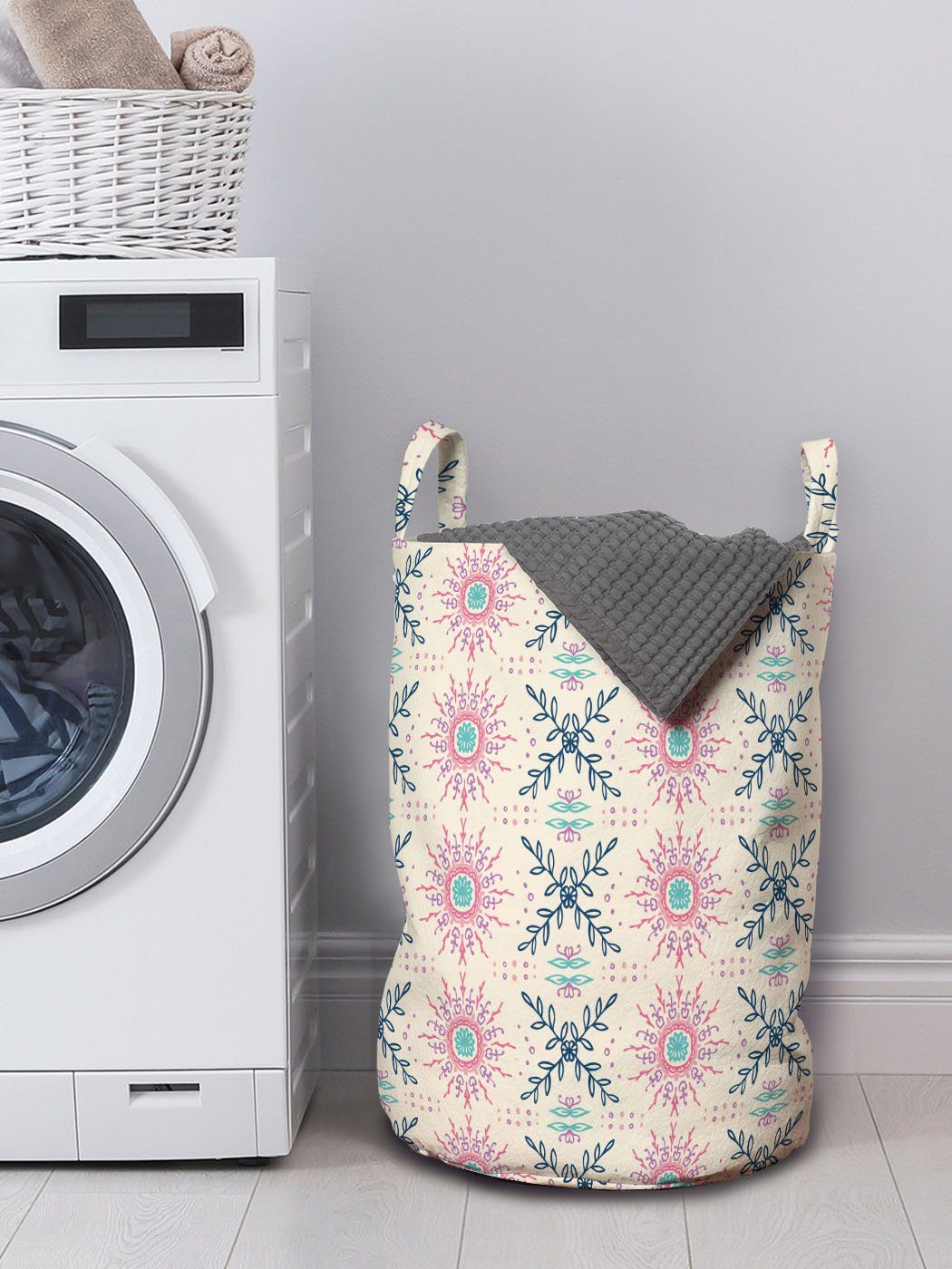 Abakuhaus Wäschesäckchen Wäschekorb mit Griffen Hip Ornamentalen für Waschsalons, Kordelzugverschluss und Blumen Blumen