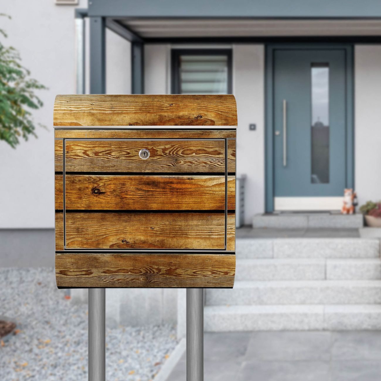 banjado Standbriefkasten Edelstahl Holzbretter (Standbriefkasten Holzbretter, mit Zeitungsfach), 126 x 53 x 17cm