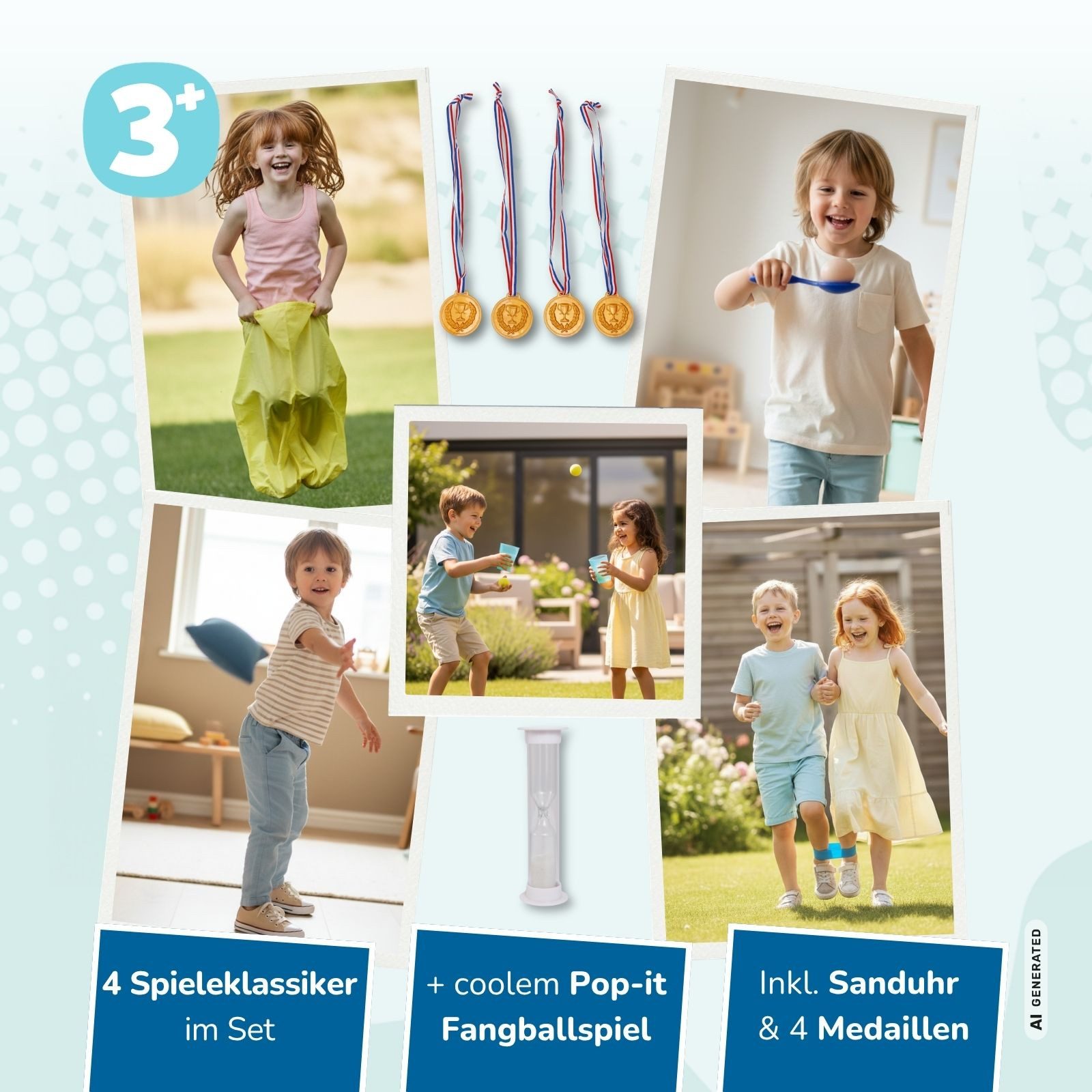 alldoro Spielesammlung XXL Partyspiele Set für Kinder, Spielesammlung für Kindergeburtstag, 29-teilig mit Sackhüpfen, Eierlauf, Medaillen und vielem mehr